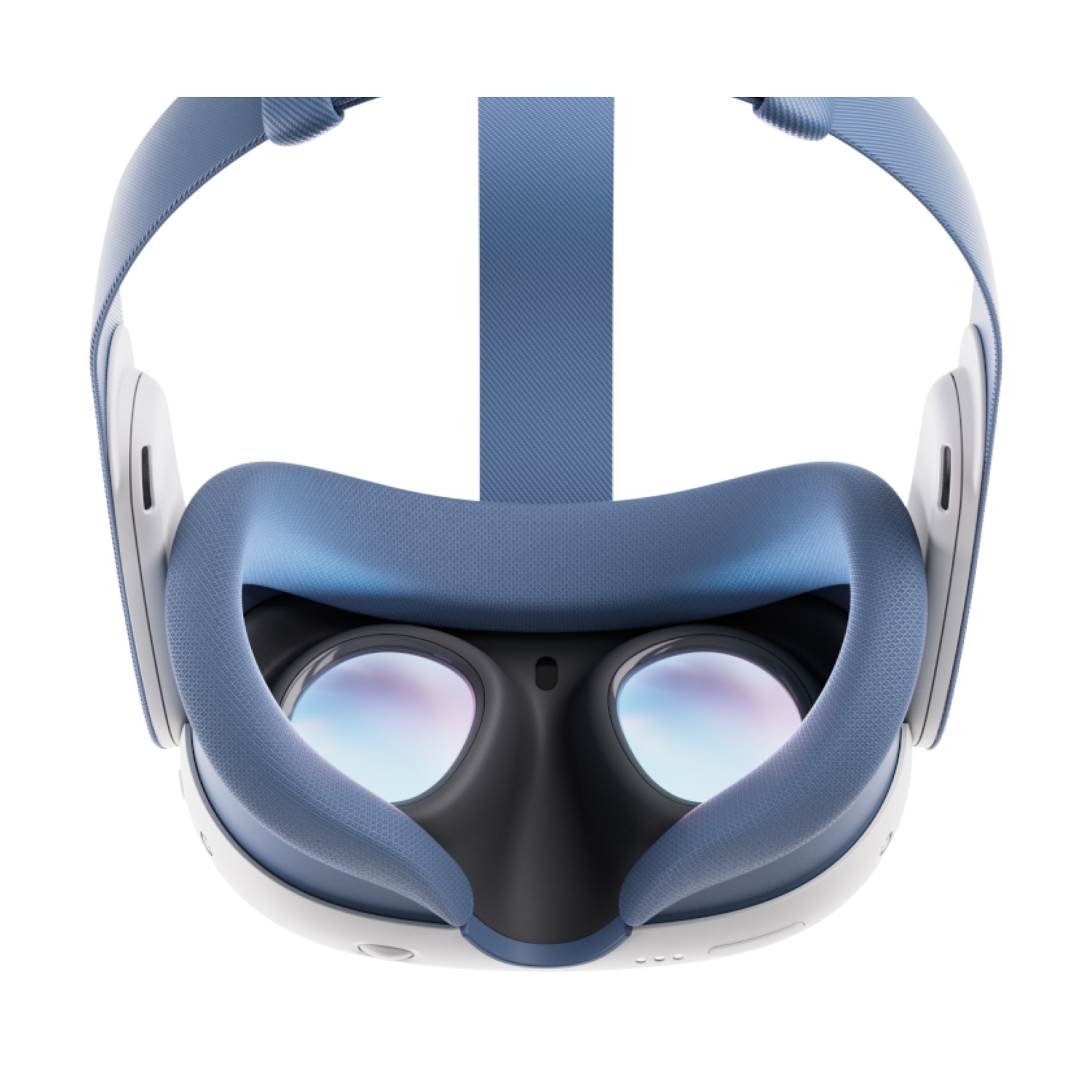 Un visore VR, vista frontale. Design blu e bianco. Lenti e interfaccia facciale visibili.
