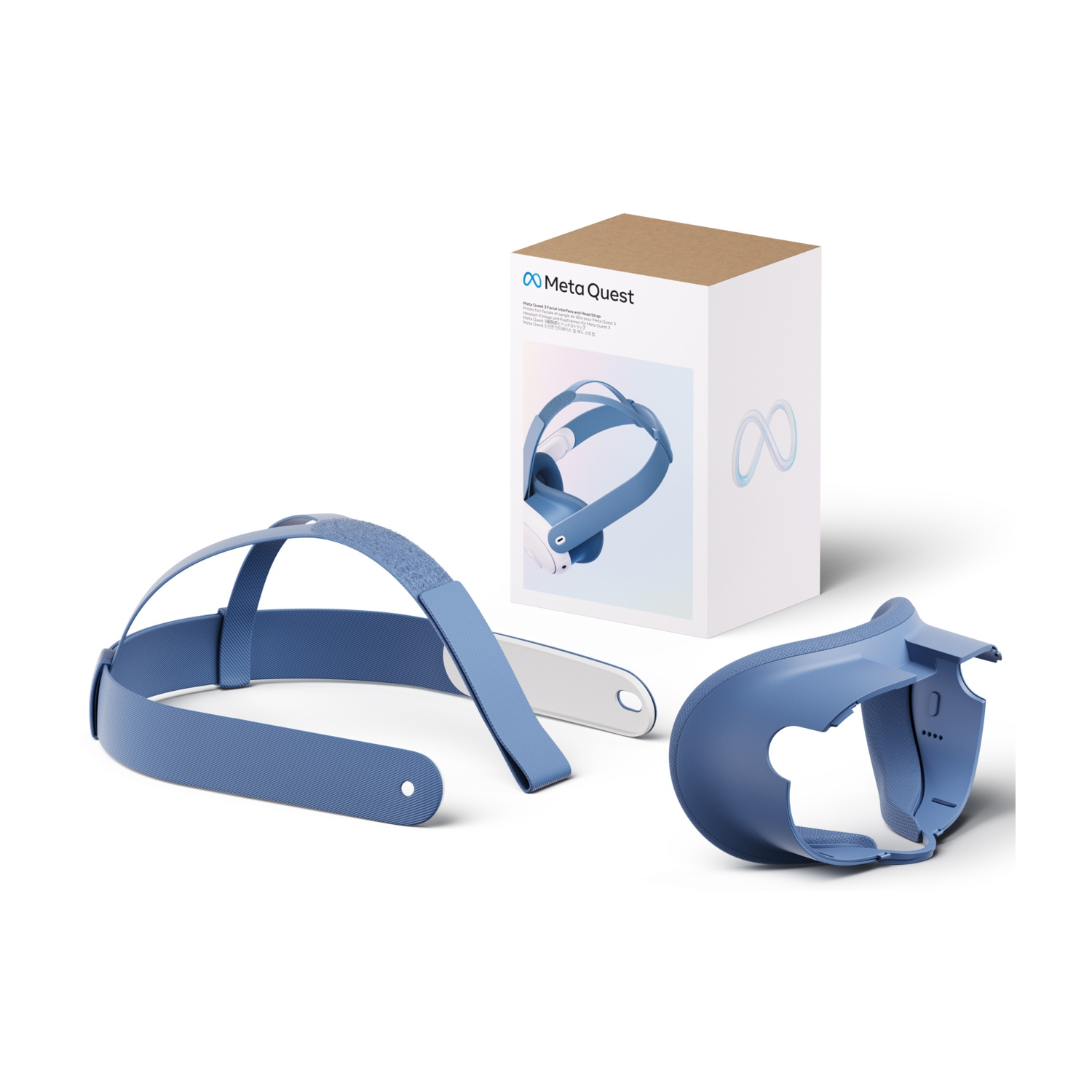 Sono mostrate le parti e l'imballaggio dell'auricolare VR Meta Quest. Le parti includono un cinturino per la testa.