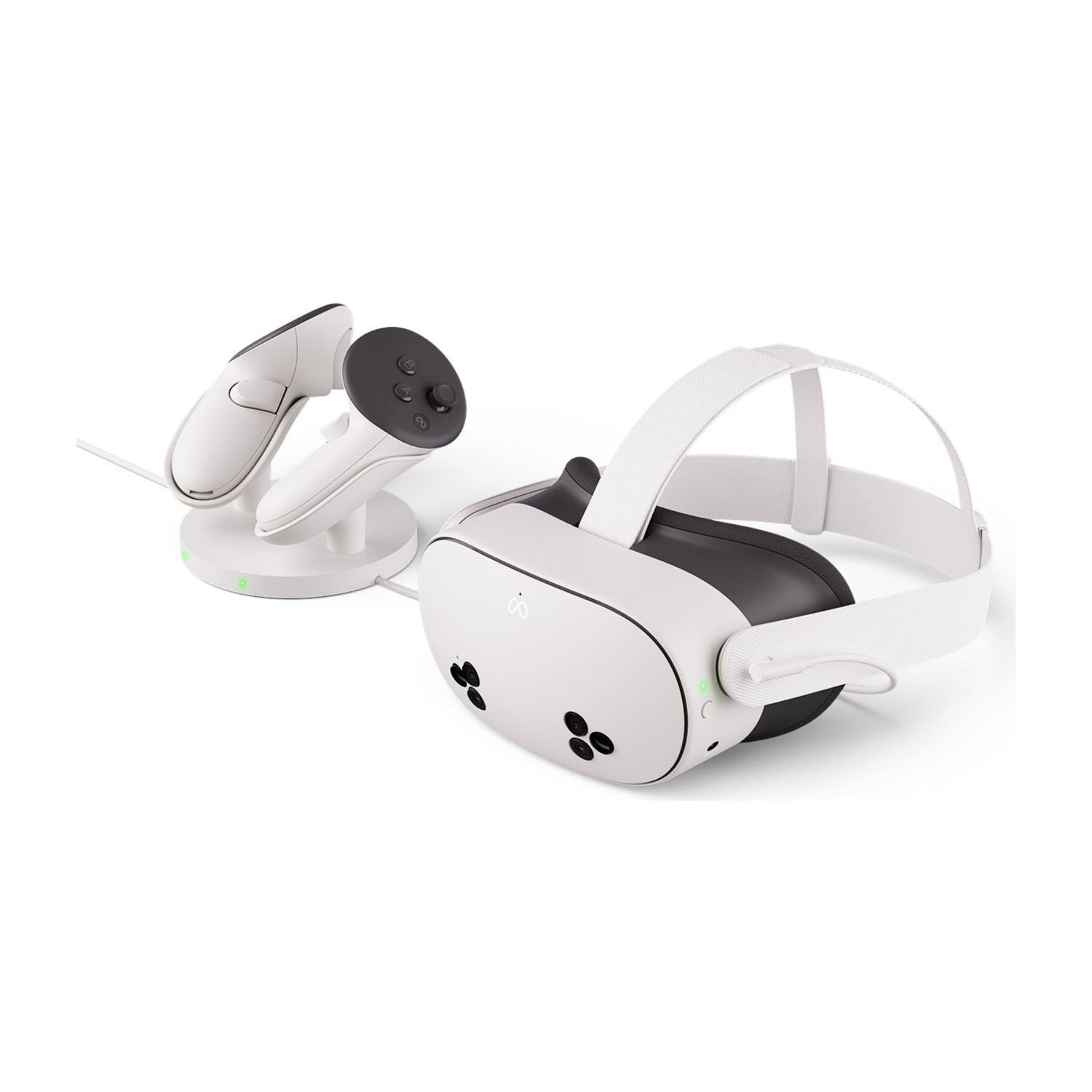 Cuffie e controller VR bianchi su un supporto. Controller neri. Sfondo bianco.