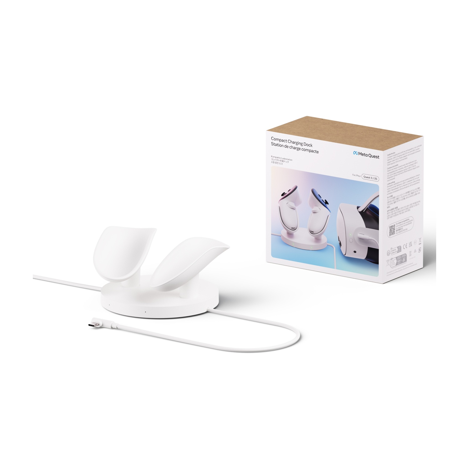 Una base di ricarica bianca con cuffie e confezione, che mostra un design elegante.