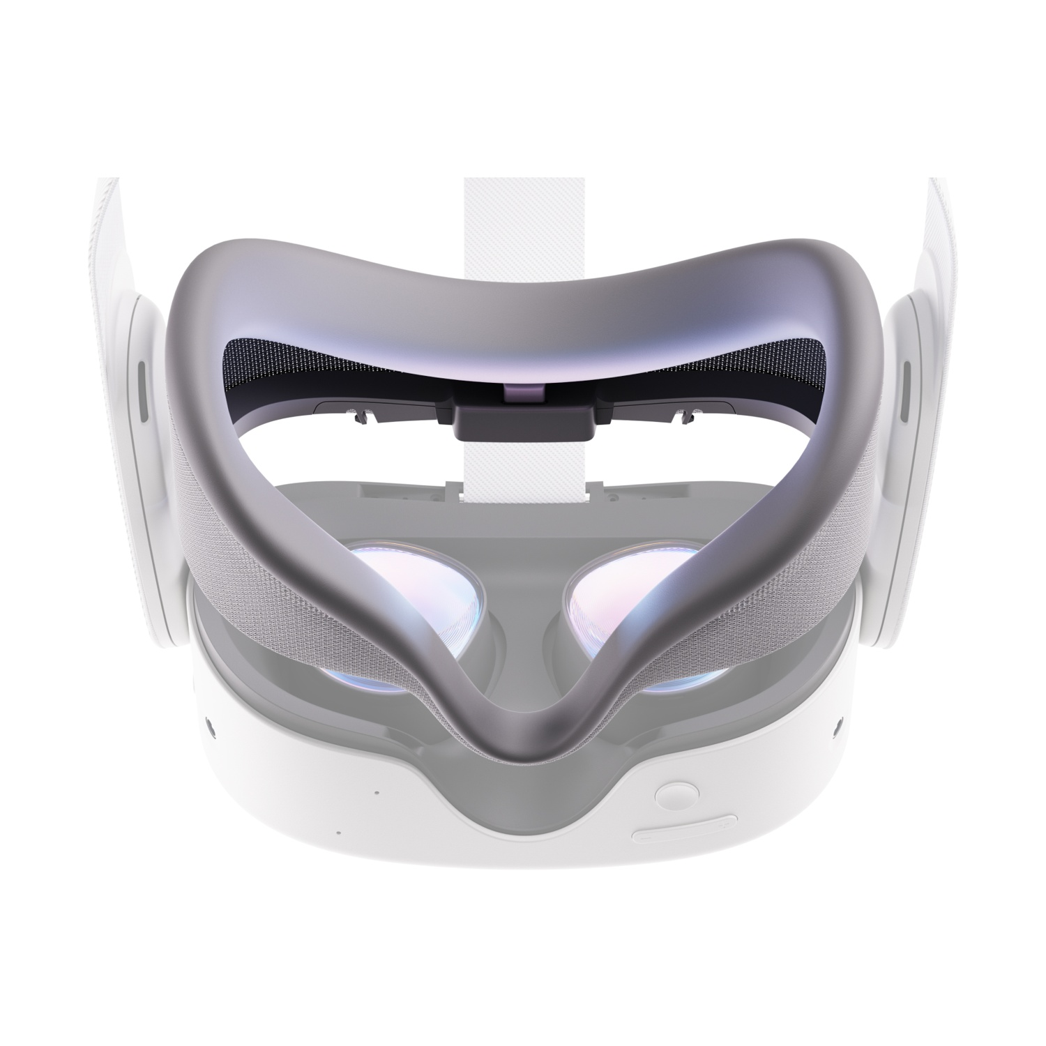 Cuffie VR con una copertura facciale grigia. La copertura ha un design a rete. Le cuffie sono bianche e grigie.