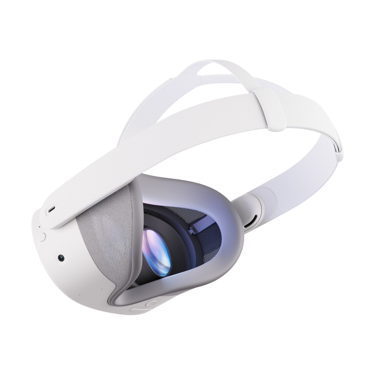 Cuffie VR bianche angolate, che mostrano lenti e componenti interni su sfondo bianco.