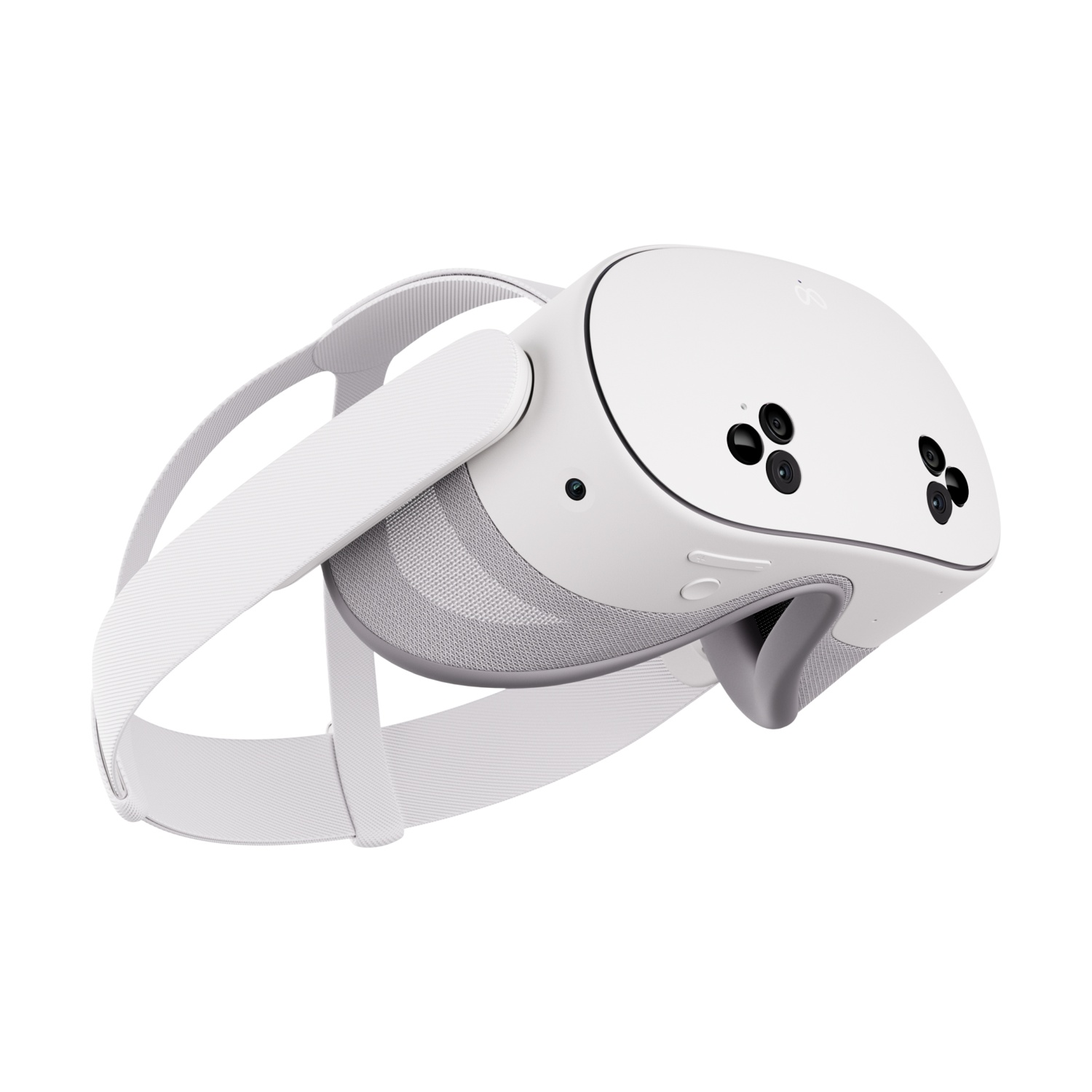 Un visore VR bianco con tre fotocamere nere, su sfondo bianco, vista angolata.