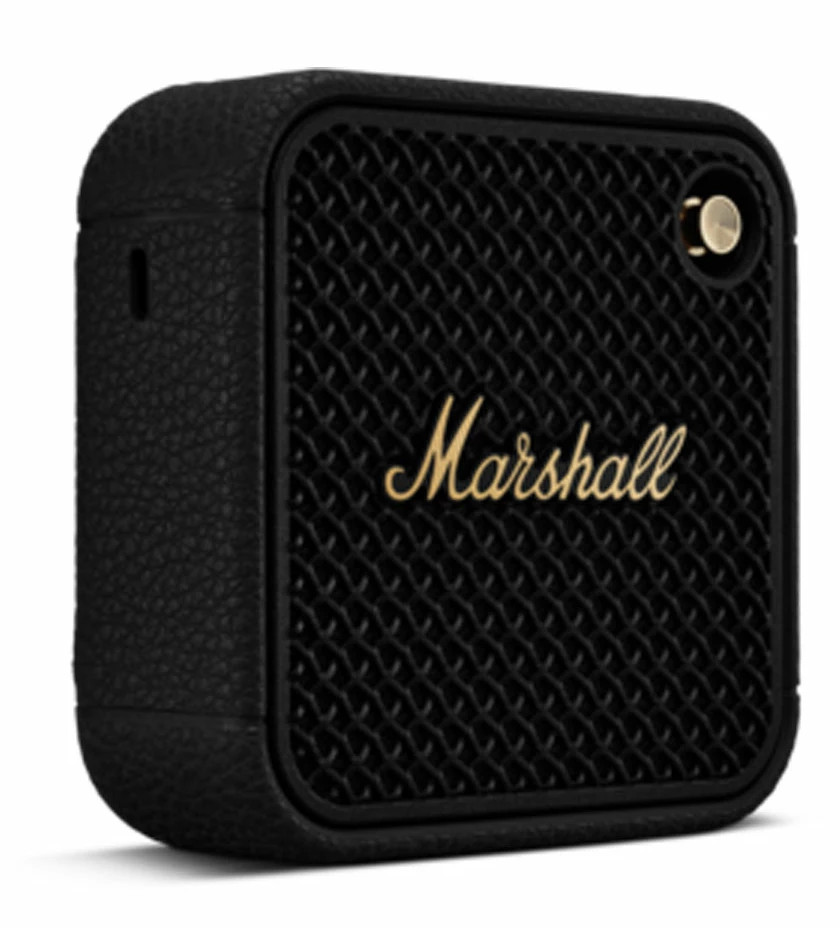 Czarny głośnik Marshall z teksturowanym przodem i złotym logo Marshall.