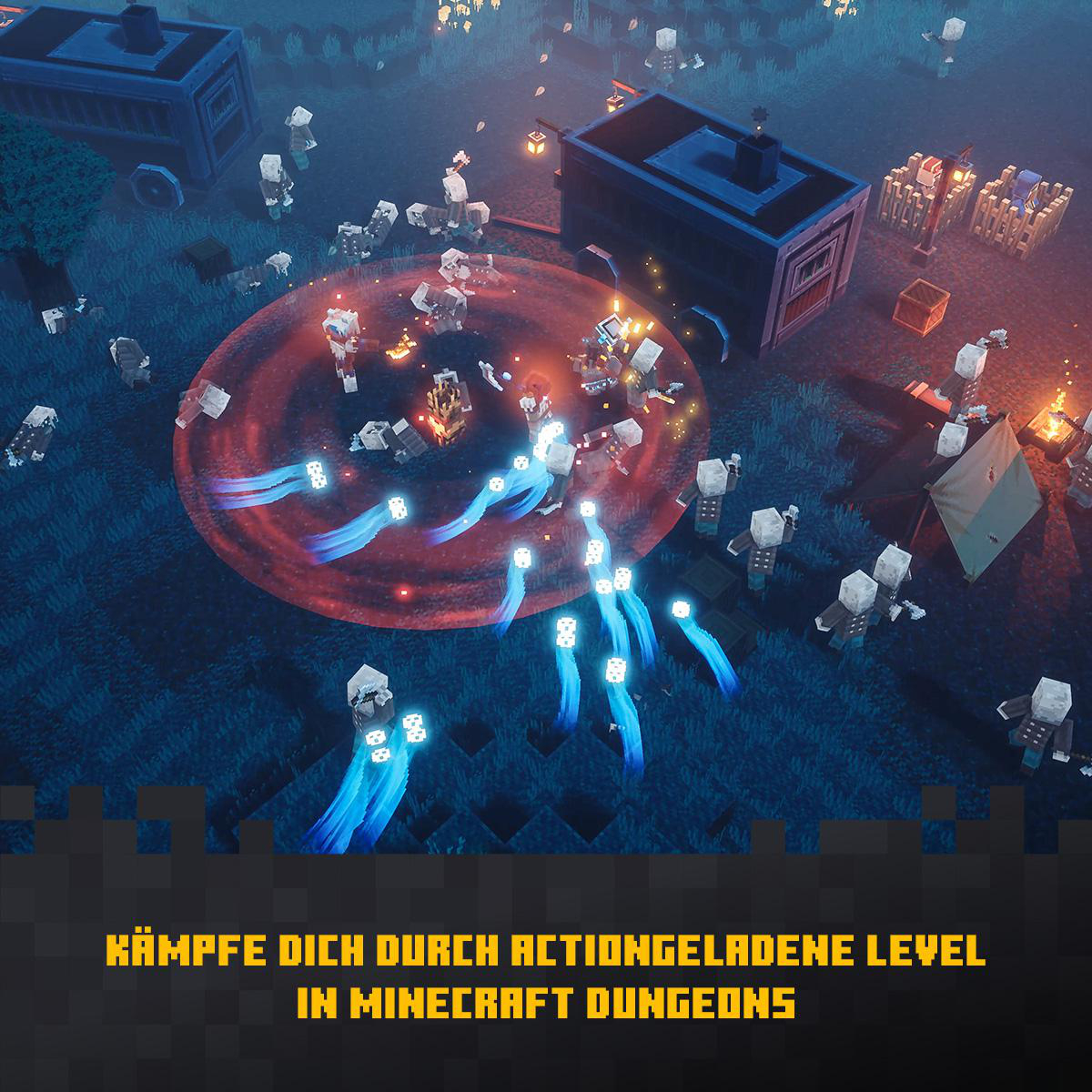 Szene aus dem Spiel Minecraft Dungeons mit Charakteren und Strukturen.