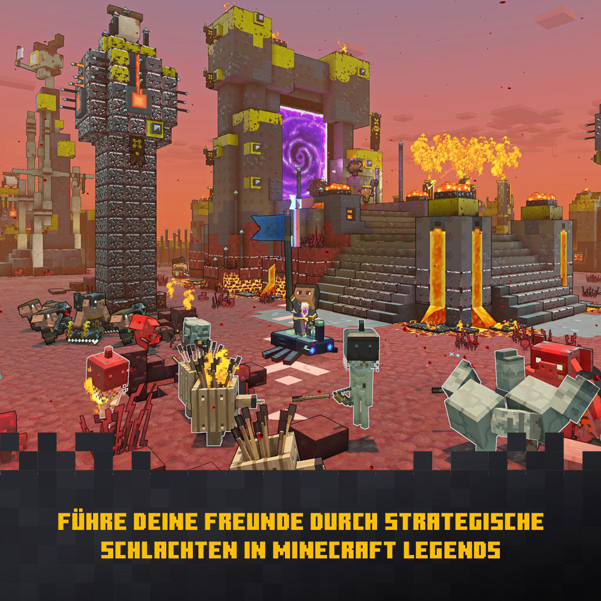 Minecraft-Szene mit Charakteren und Strukturen in farbenfroher Umgebung.