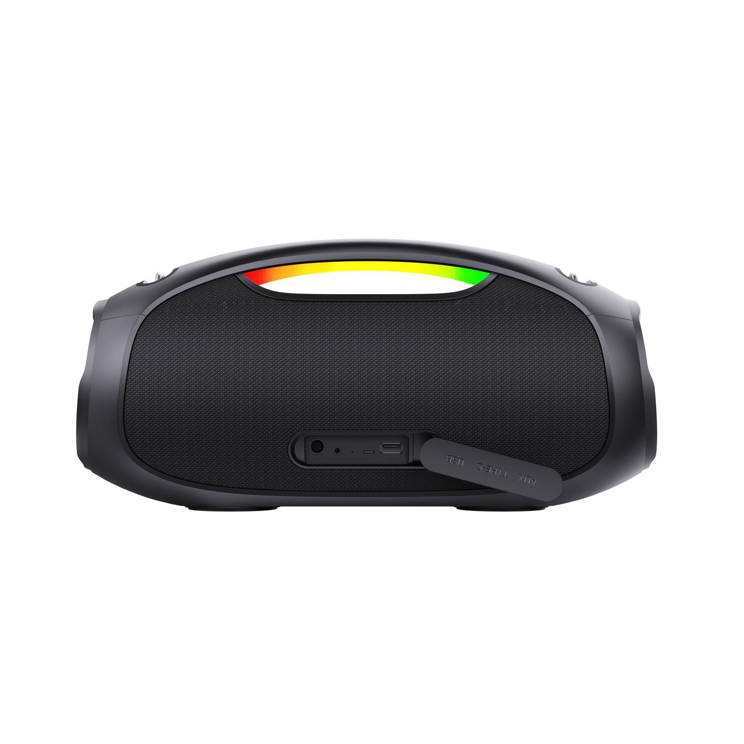 Zwarte speaker met handvat en een kleurveranderende lichtstrip. Poorten zijn zichtbaar.
