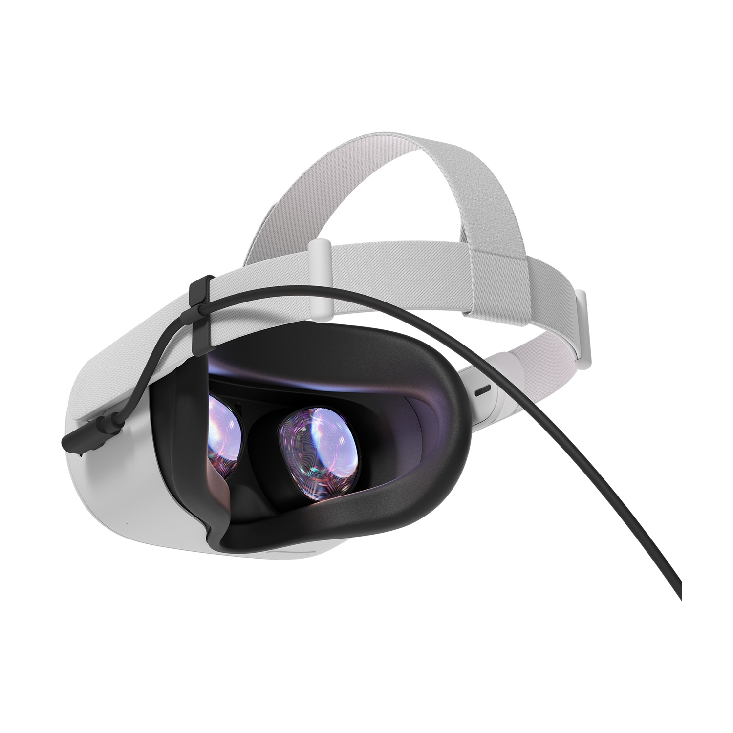 Cuffie VR, bianche, con due lenti e un cinturino. Cavo nero collegato.