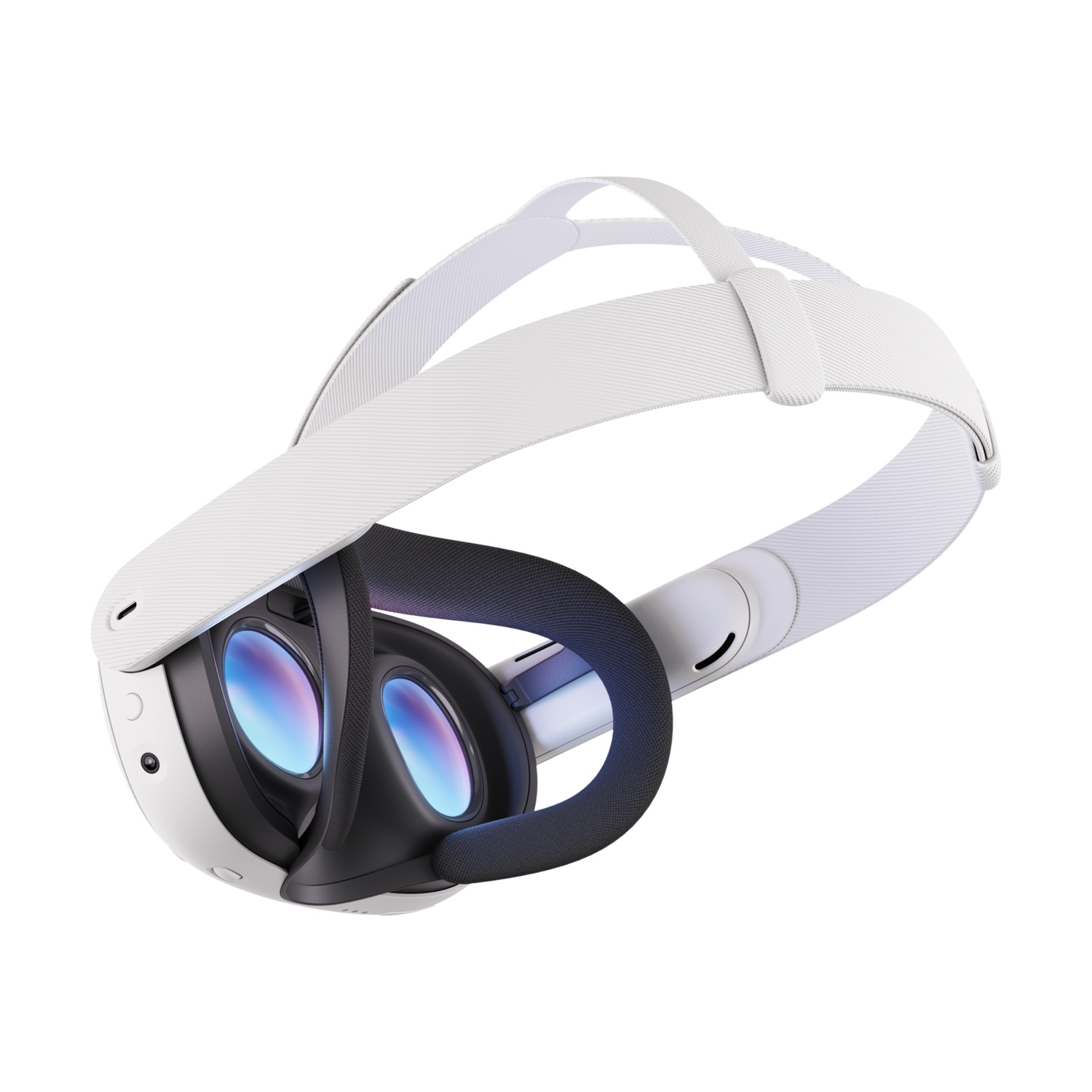 Cuffia VR bianca con interno scuro e lenti che riflettono la luce.