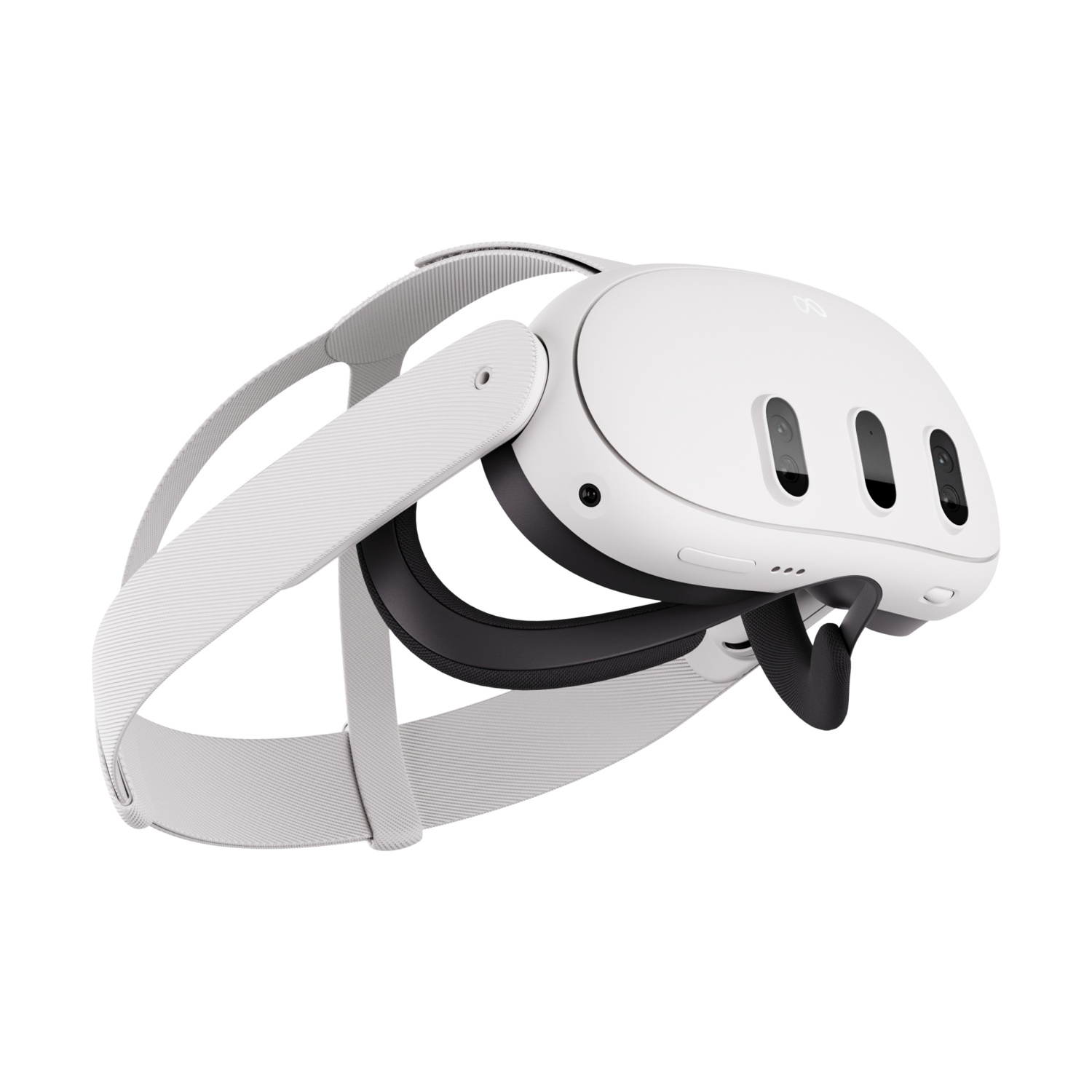 Cuffie VR bianche con fascia. Ha tre lenti e un cuscinetto nero per il viso.