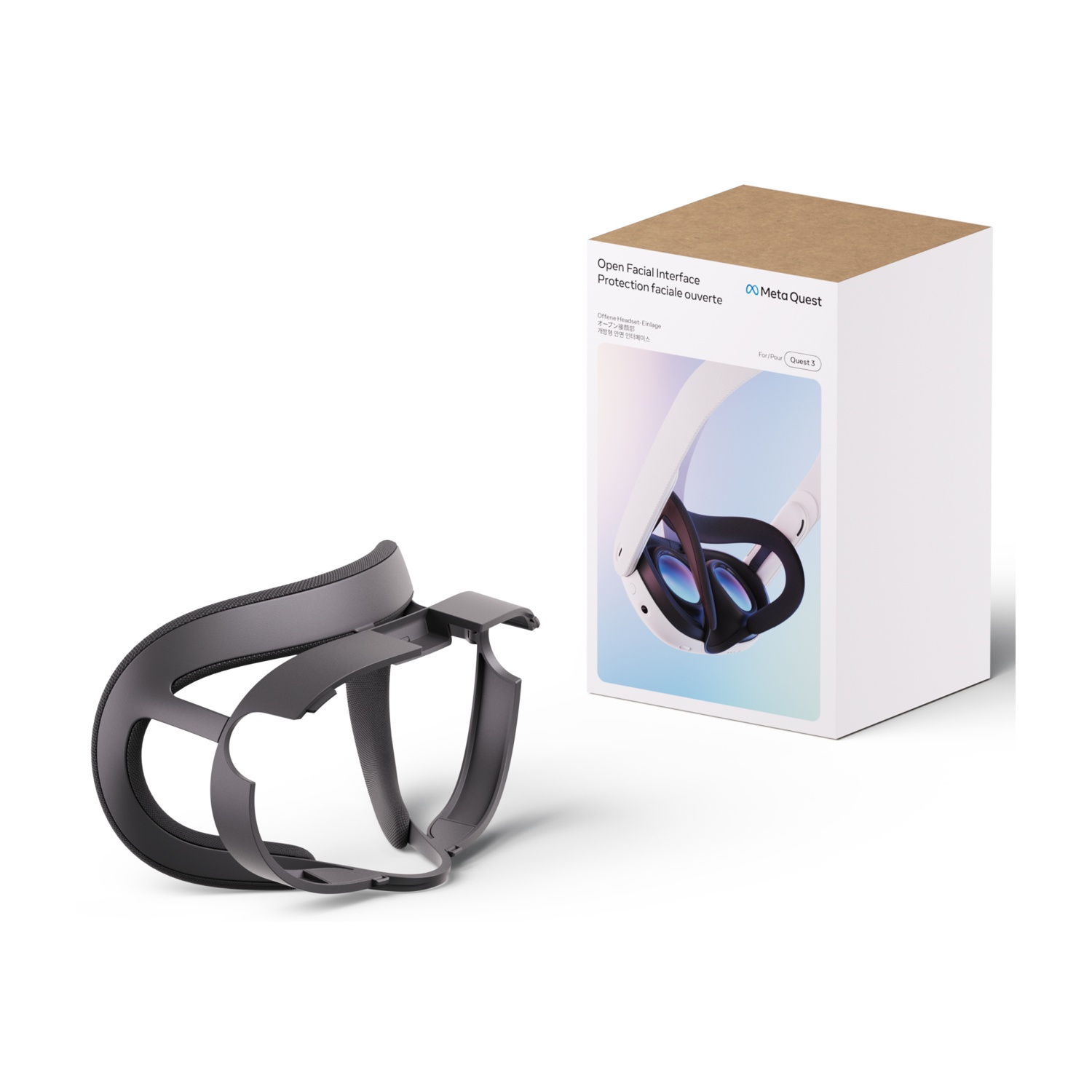 Una scatola con un auricolare Meta Quest 3 bianco e un'interfaccia facciale.