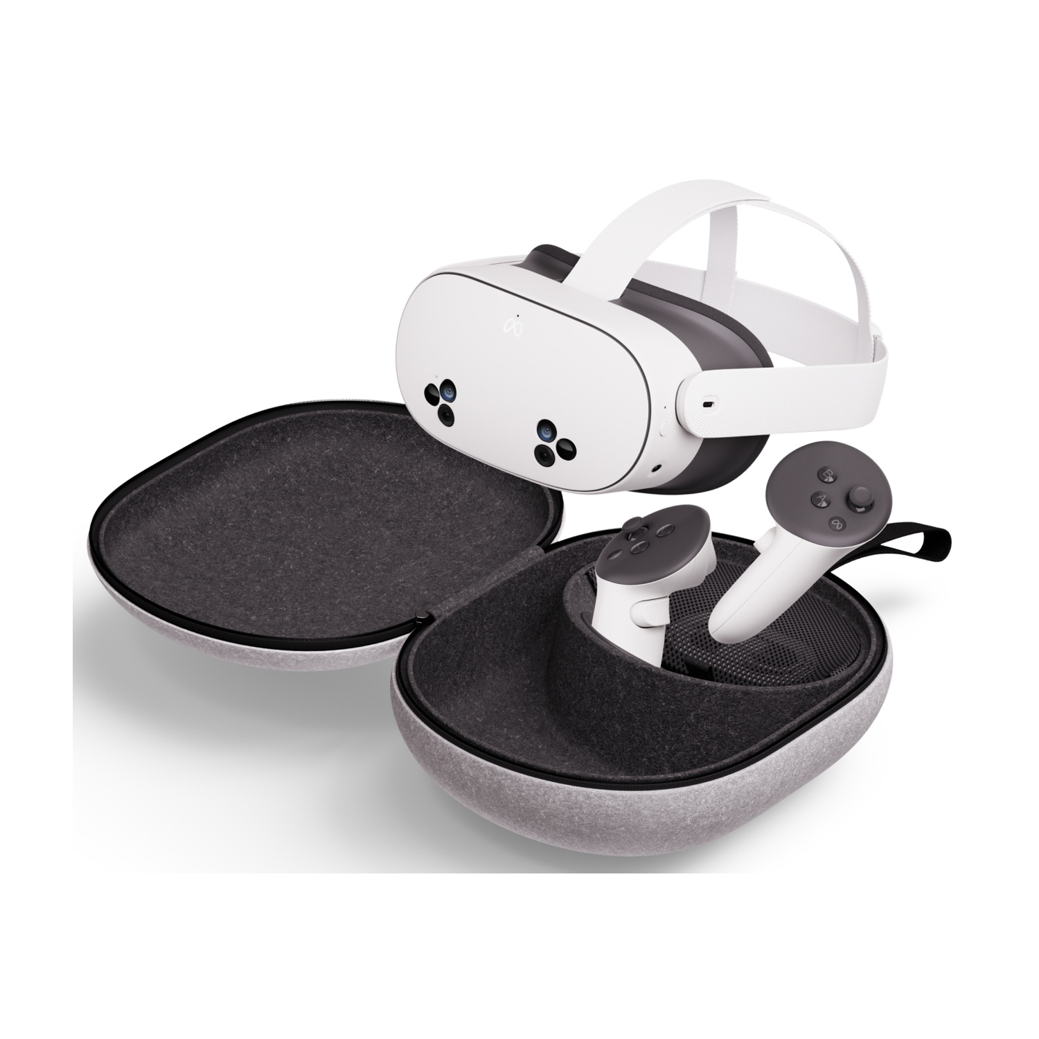 Cuffie VR e controller in una custodia. Cuffie bianche, due controller bianchi e custodia grigia.