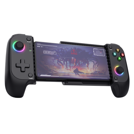 Czarny gamepad z telefonem pośrodku. Widoczne przyciski i joysticki.