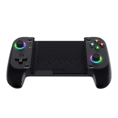 Czarny, składany gamepad z kolorowymi przyciskami, krzyżakiem i kontrolkami joysticka, na czarnym tle.