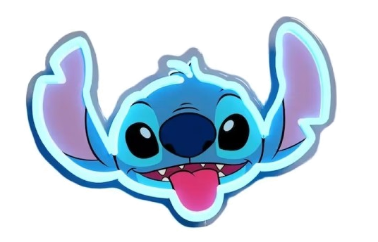 Niebieski obrazek kreskówkowy Stitcha z Lilo & Stitch z neonowym niebieskim konturem.