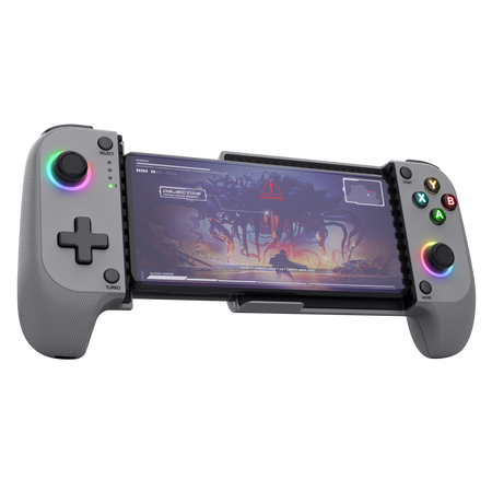 Szary gamepad z telefonem, który wyświetla grę, na czarnym tle.