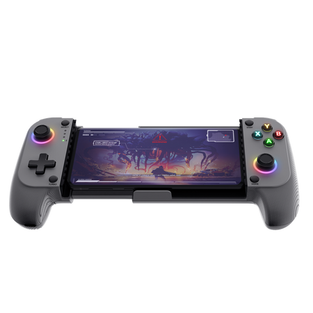 Szary kontroler do gier z telefonem pośrodku. Widoczne przyciski i joysticki.