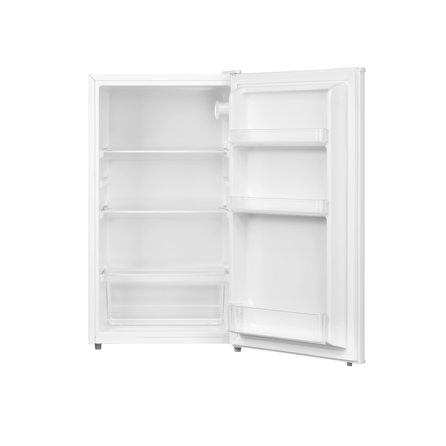 White refrigerator with the door open, showing shelves and clear storage bins.