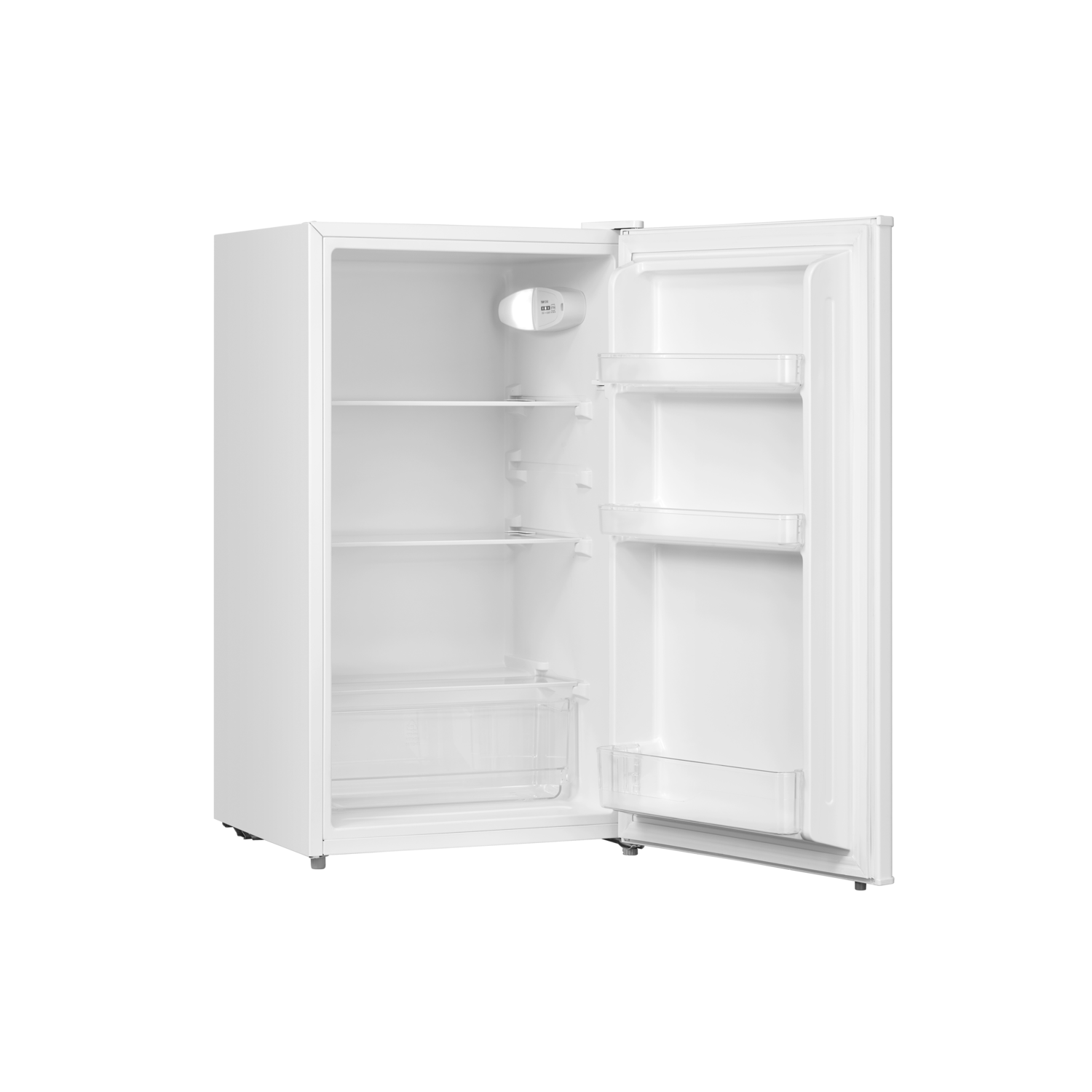 A white refrigerator with the door open, showing shelves and drawers.