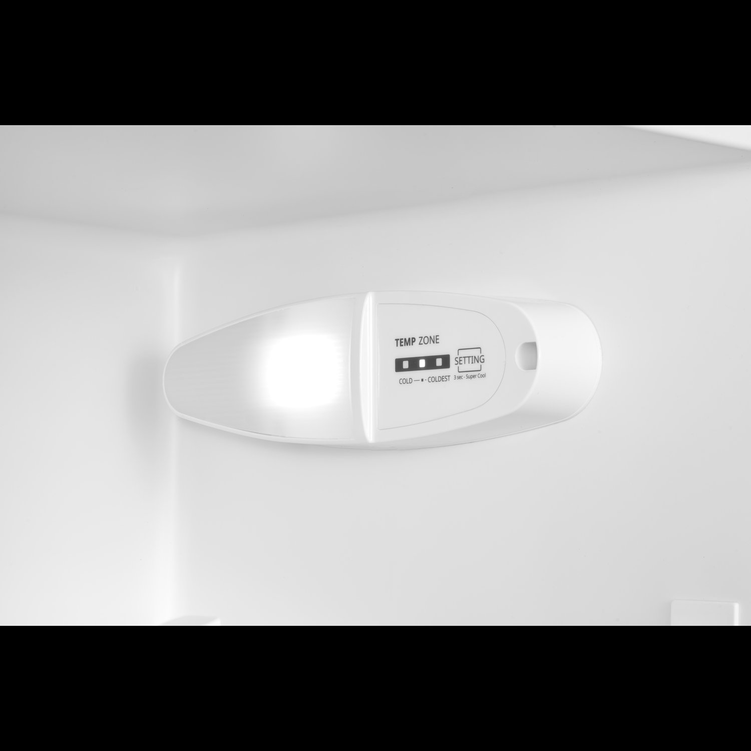A white control panel inside a refrigerator. It has temp zone and setting indicators.