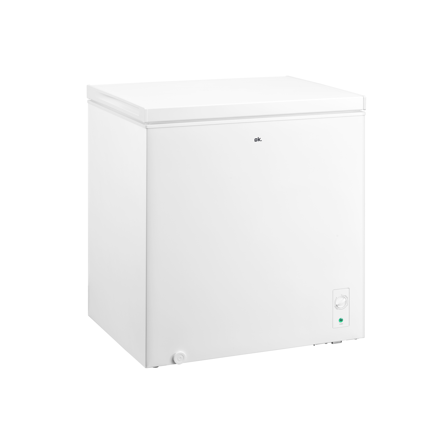 Een witte kistvriezer met een handvat en een groene stroomindicator, op een zwarte achtergrond.