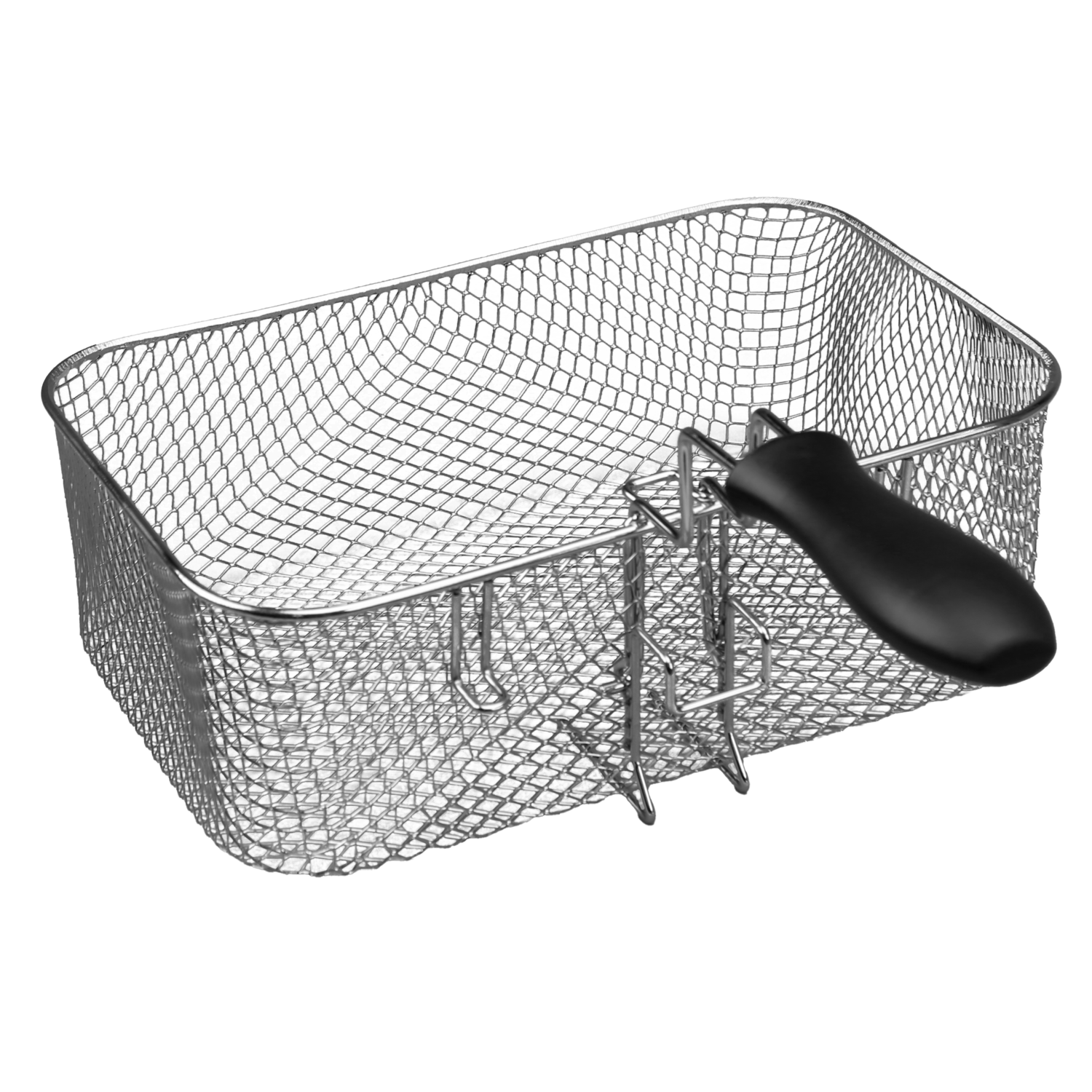 Un panier de friteuse rectangulaire en acier inoxydable avec une poignée noire, sur fond noir.