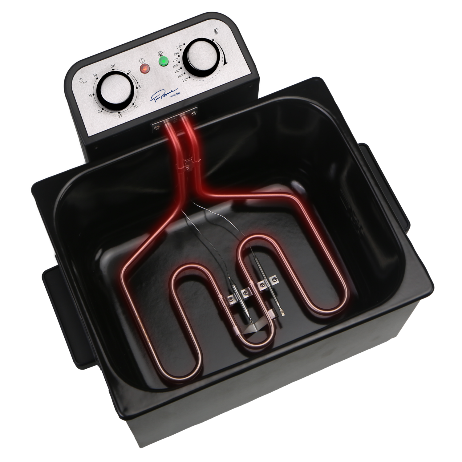 Une friteuse noire avec des éléments chauffants rouges. Les commandes incluent des cadrans pour le temps et la température. Le fond est noir.