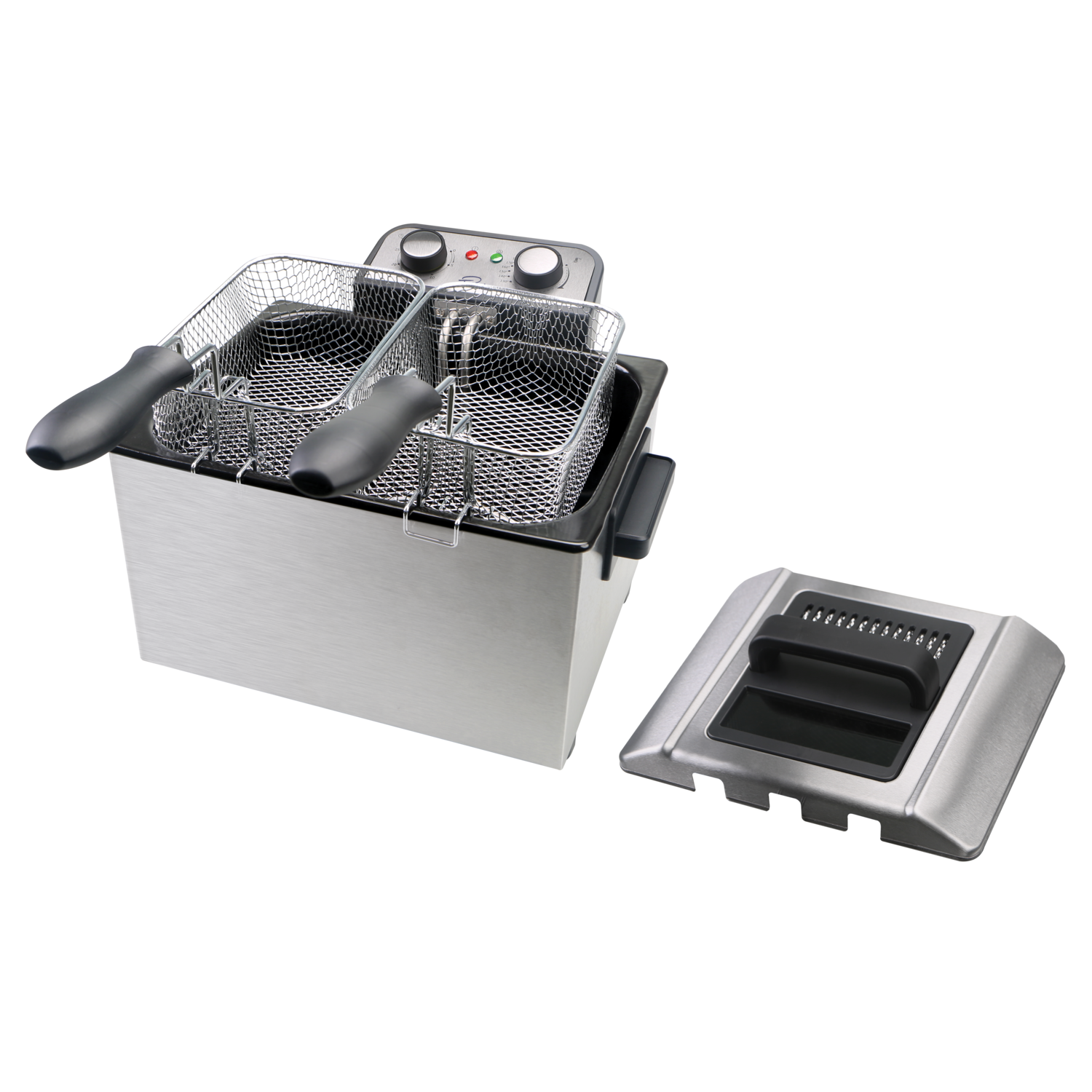 Une friteuse en acier inoxydable avec deux paniers. Un couvercle détaché est à droite. Le fond est noir.
