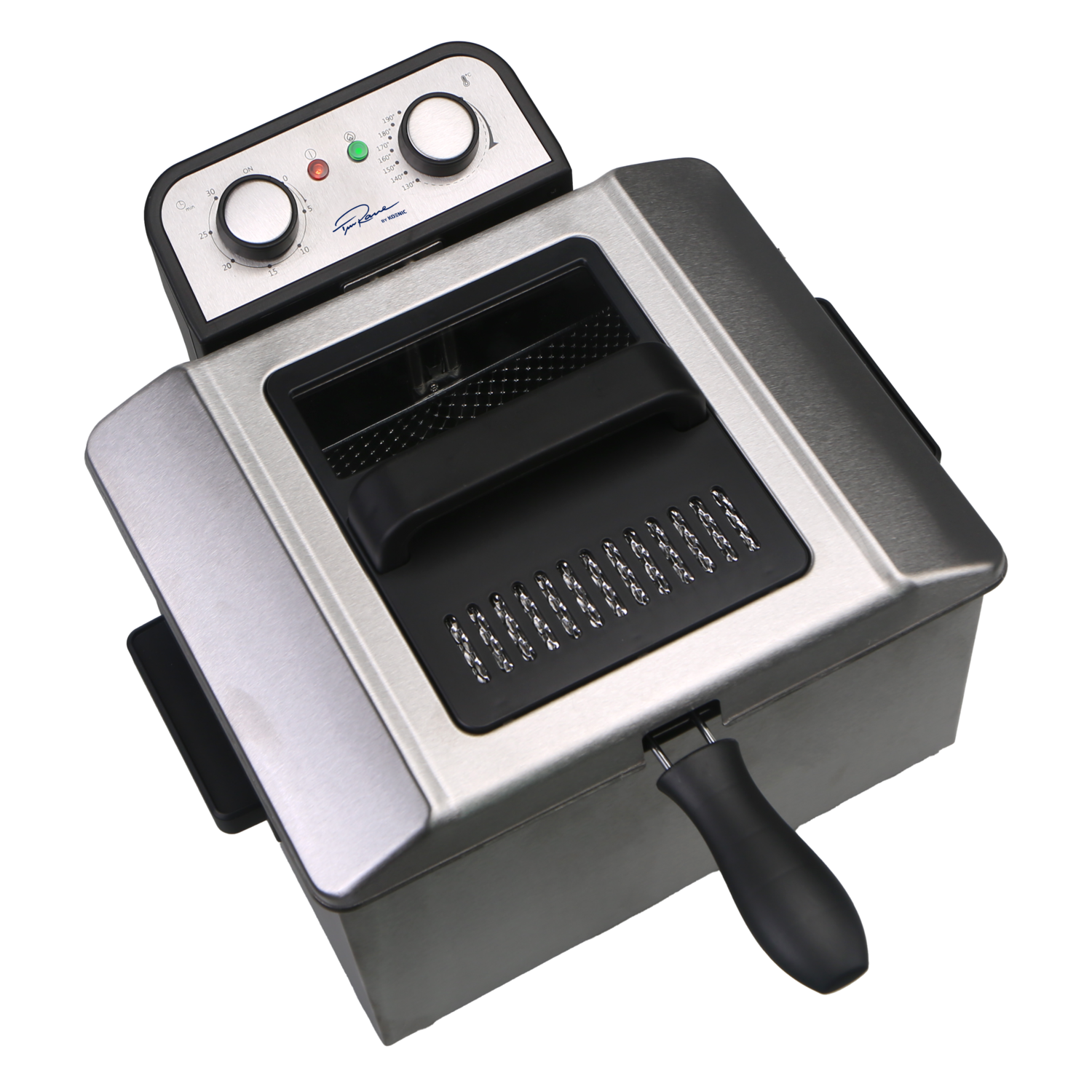 Une friteuse en acier inoxydable sur fond noir. Elle a des boutons de commande, une poignée et un panier pour frire. La friteuse est inclinée.