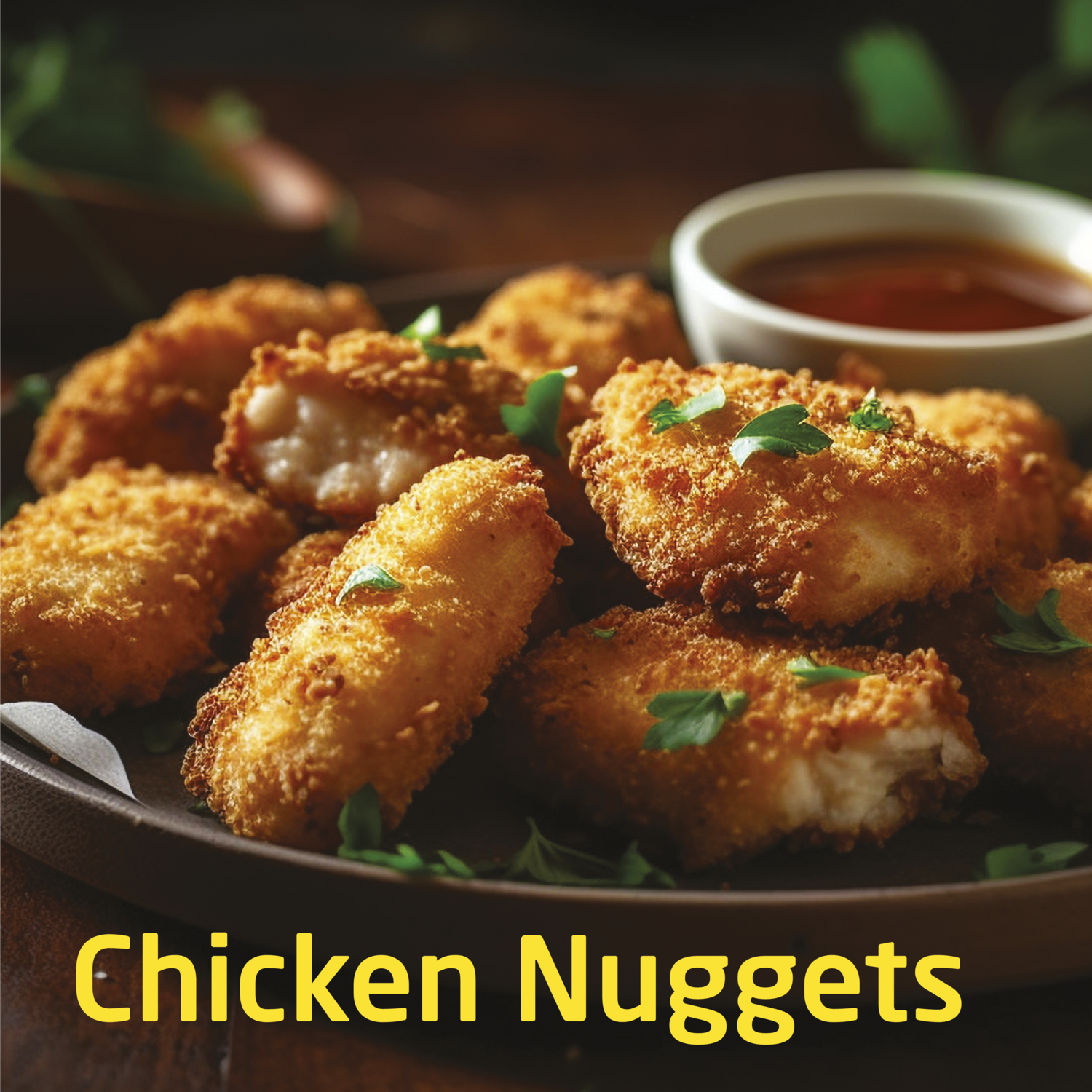 Gros plan de nuggets de poulet frits dans une assiette, avec de la sauce dans un petit bol. Garniture verte. Le texte 'Chicken Nuggets' est en bas.