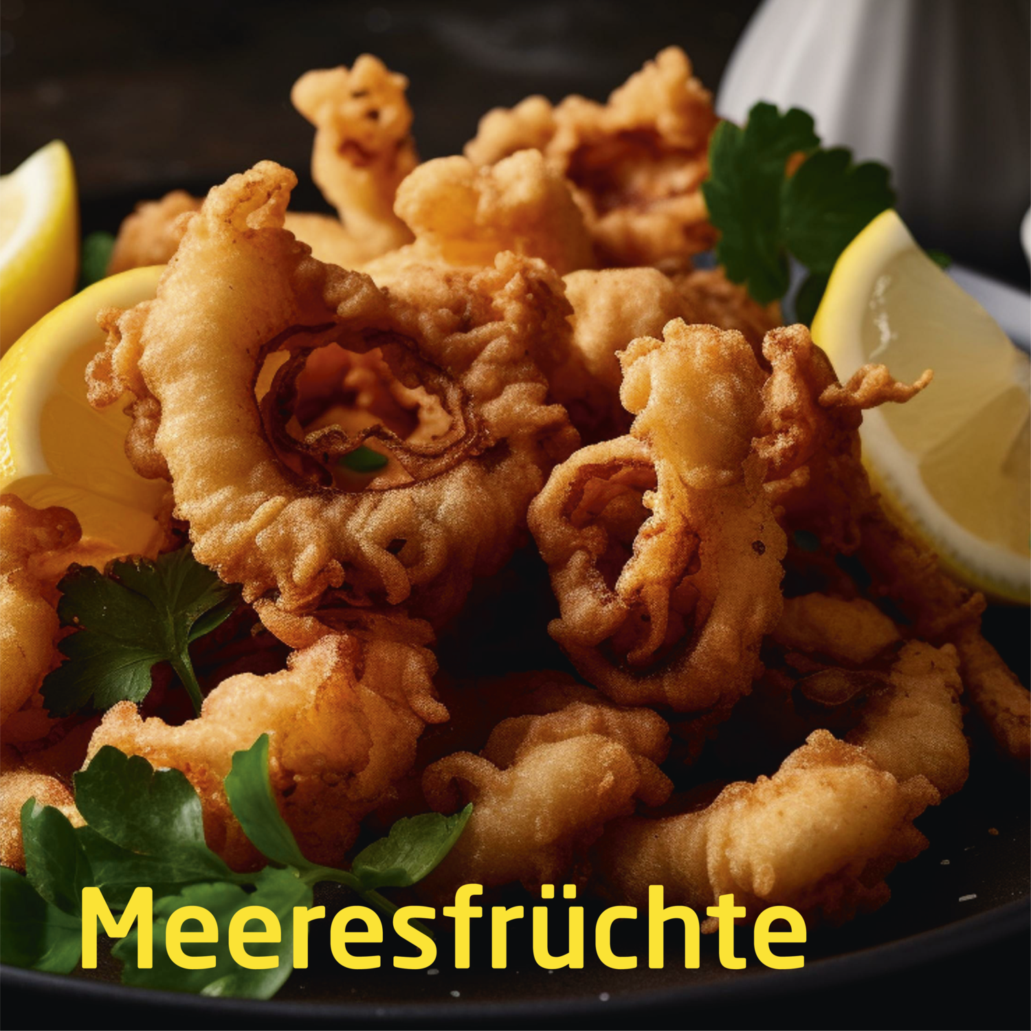 Gros plan sur des fruits de mer frits, des quartiers de citron et du persil sur une assiette noire. Le texte 'Meeresfrüchte'.