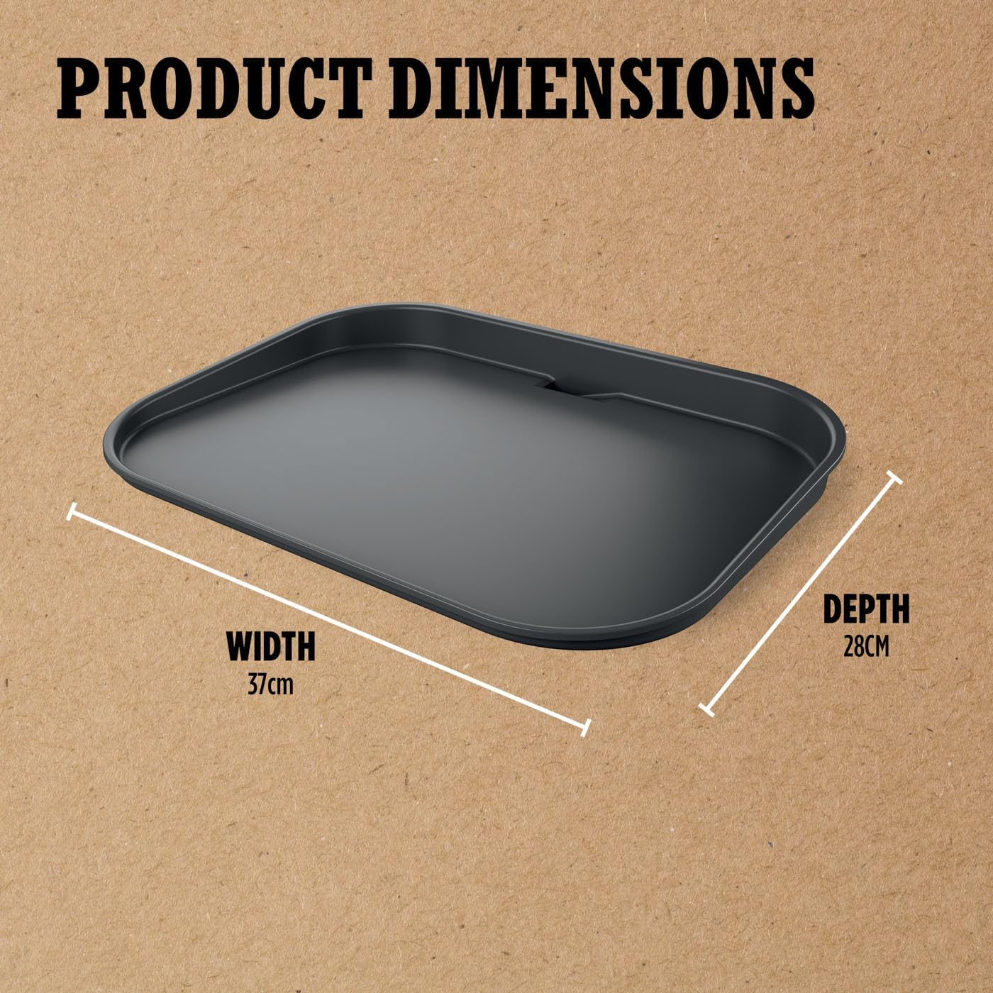 Fekete téglalap alakú sütő tálca, fehér szöveggel "PRODUCT DIMENSIONS", méretek cm-ben.