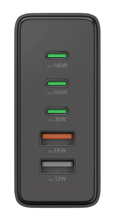 Zbliżenie na zasilacz pokazujące wiele portów dla wyjść zasilania i watów.