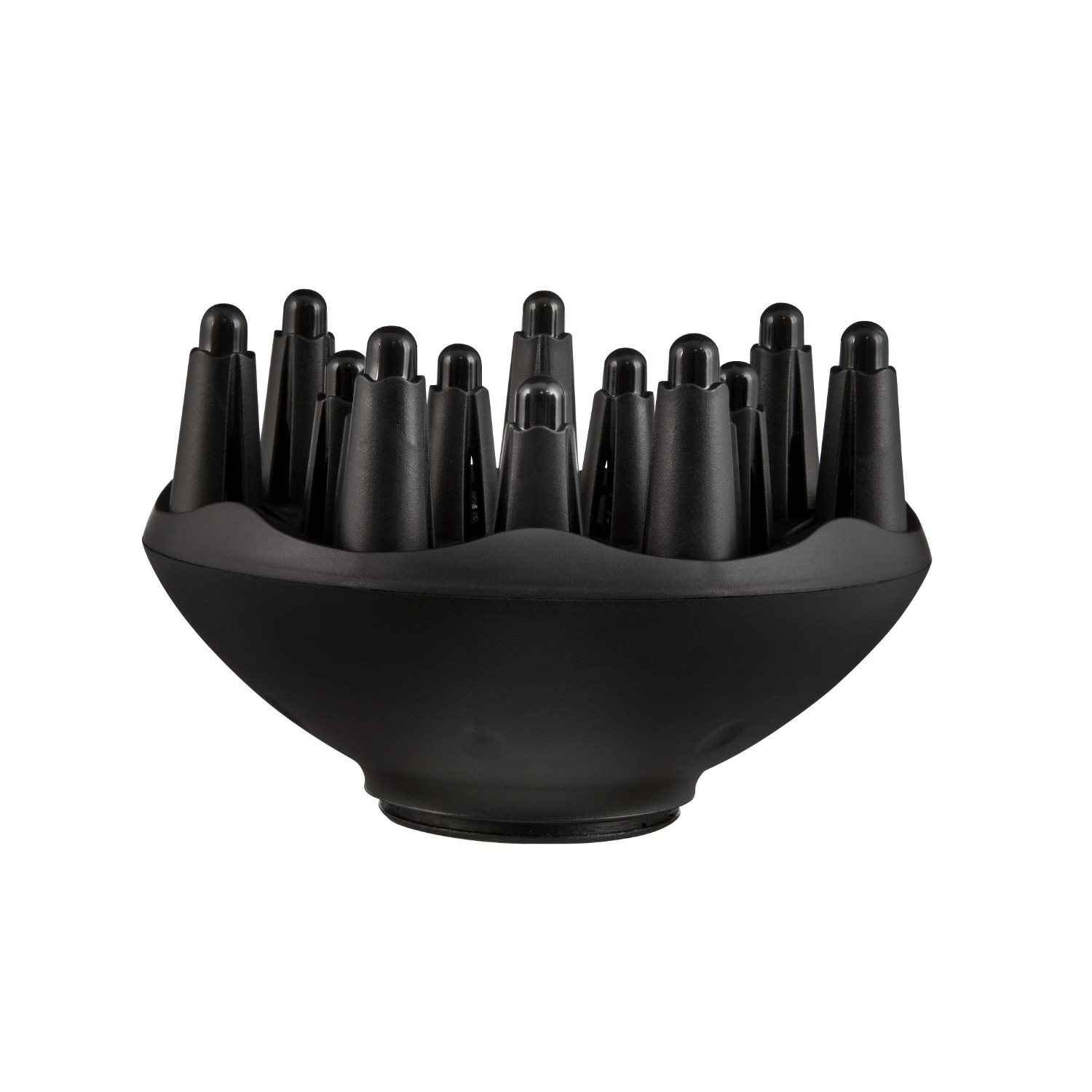 Zwarte diffuser voor een föhn. Het heeft veel kleine gaatjes en een afgeronde vorm, ontworpen voor krullend of golvend haar.
