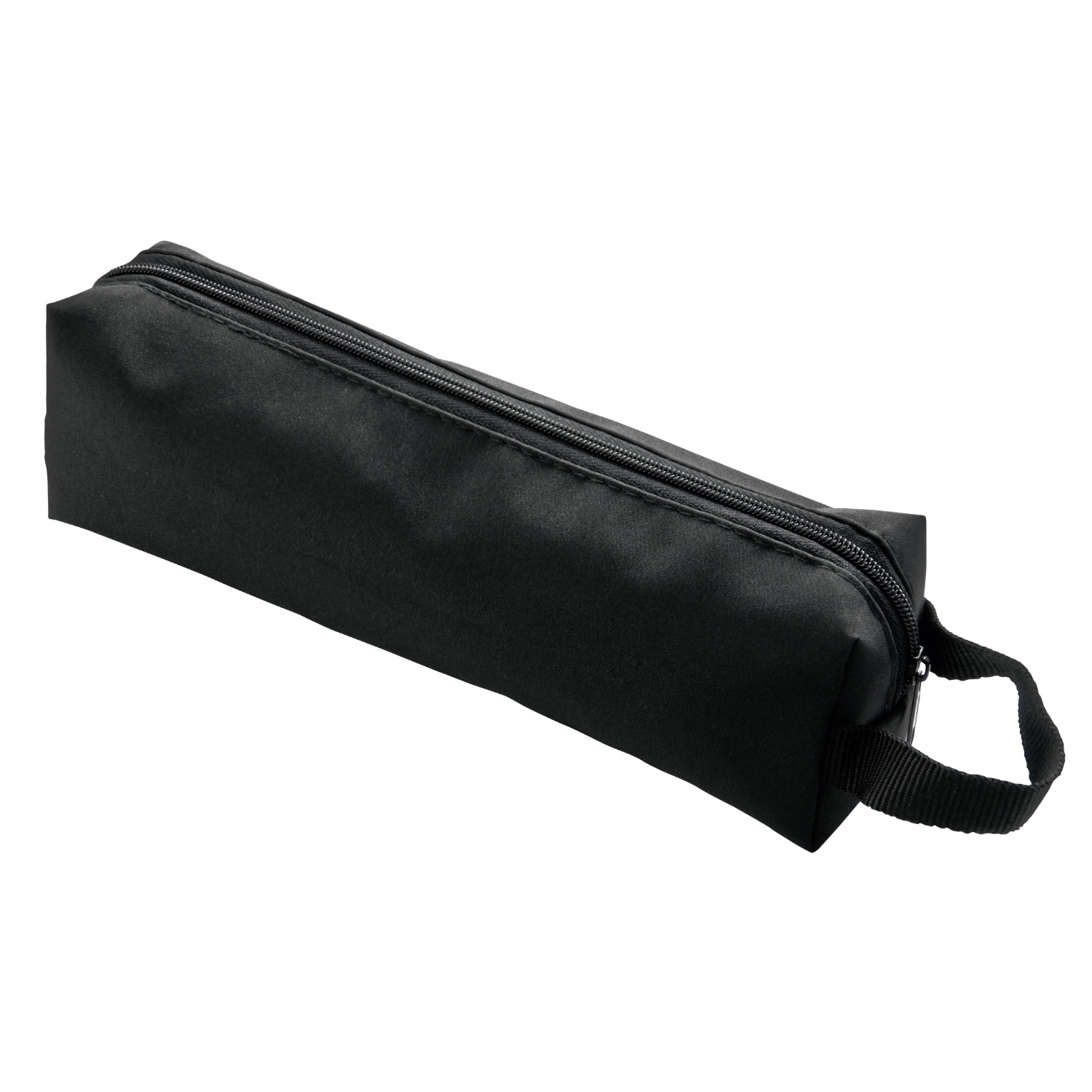 Zwarte etui met ritssluiting en kleine handgreep op witte achtergrond.