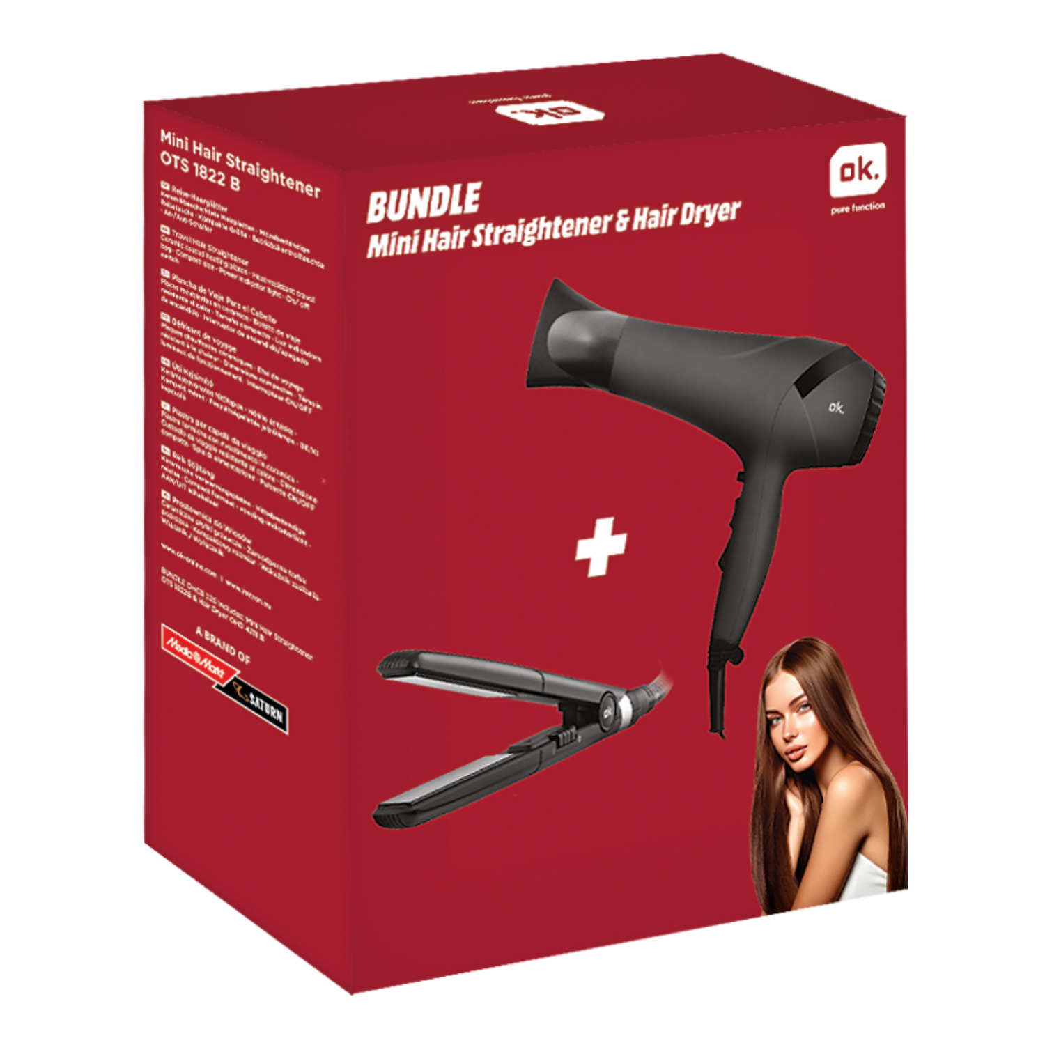 Een productdoos met een haardroger en een stijltang. Er staat een foto van een vrouw op de doos.