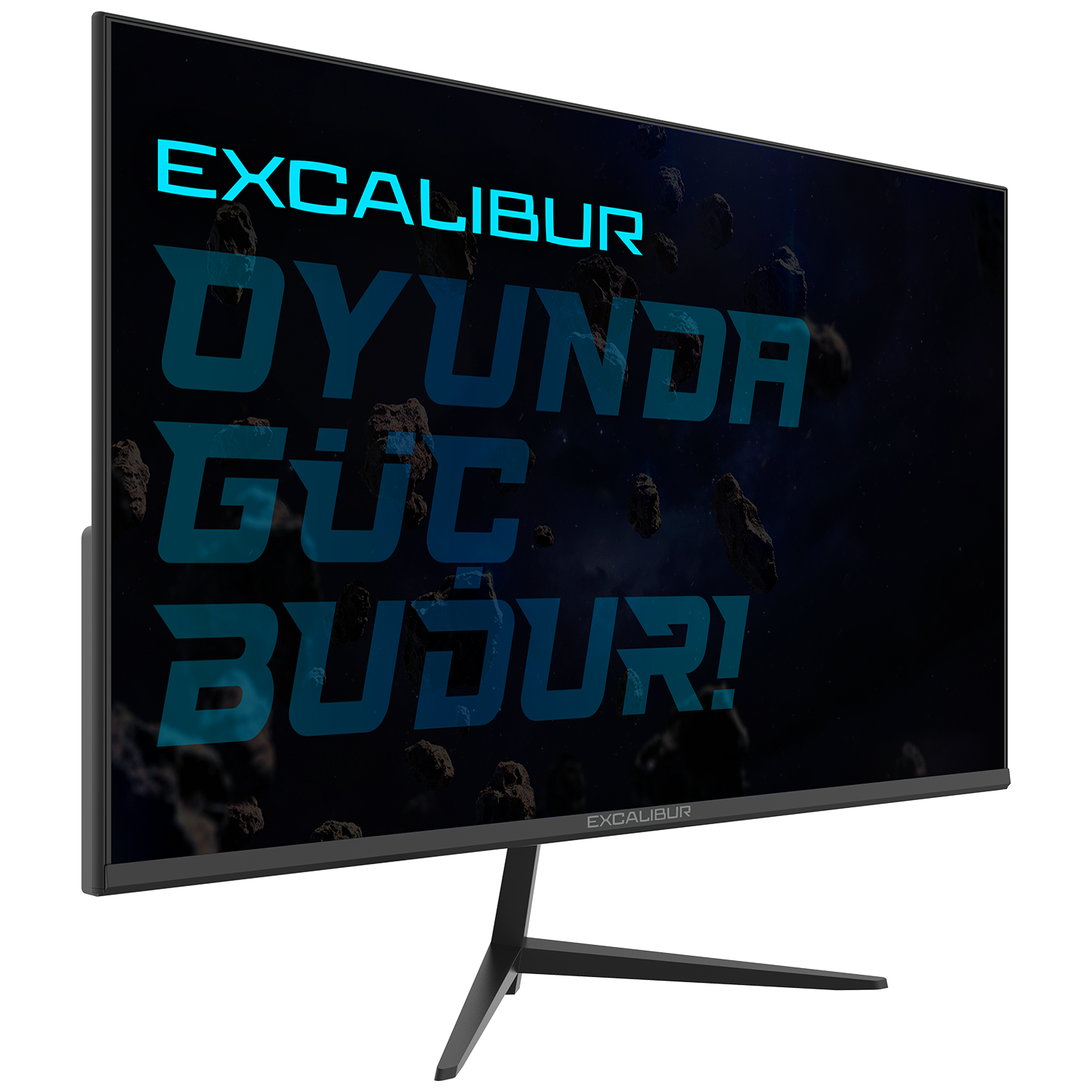 Mavi 'EXCALIBUR' metinli siyah bilgisayar monitörü. Koyu arka plan.