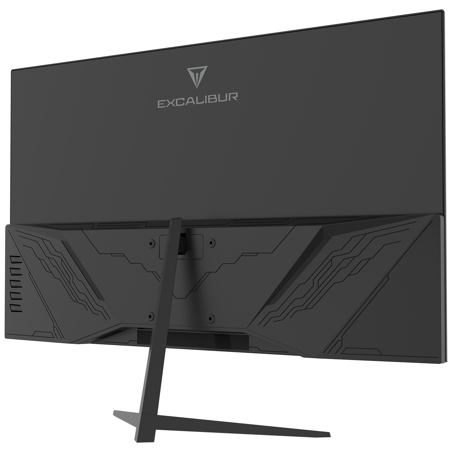 Siyah bilgisayar monitörü, arka görünüm, stand ve Excalibur logosu ile.