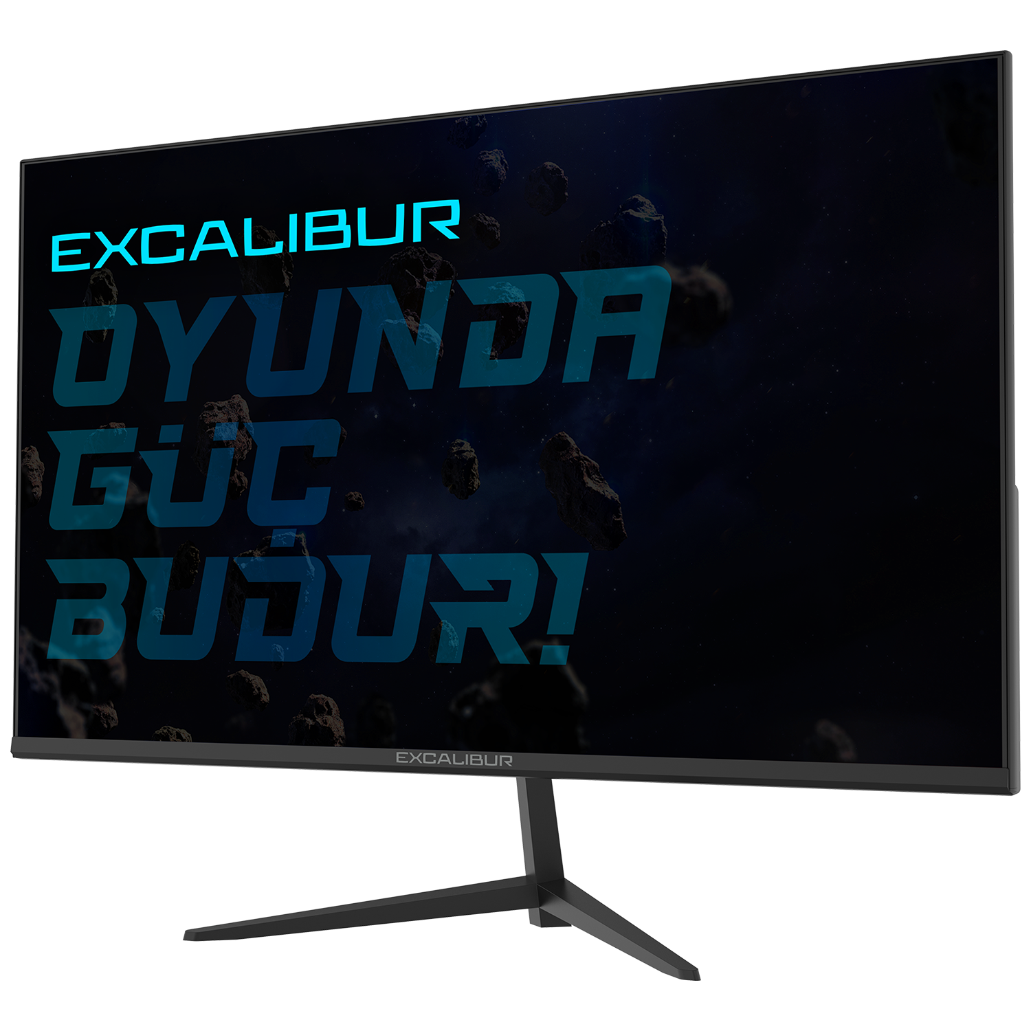Siyah bir monitörde 'EXCALIBUR' ve 'OYUNDA GÜÇ BUDUR!' yazısı. Arka plan uzay kayaları.
