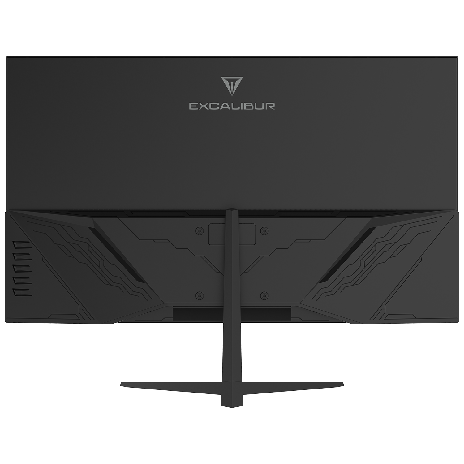 EXCALIBUR logosu ve standı olan siyah bir monitörün arka görünümü.