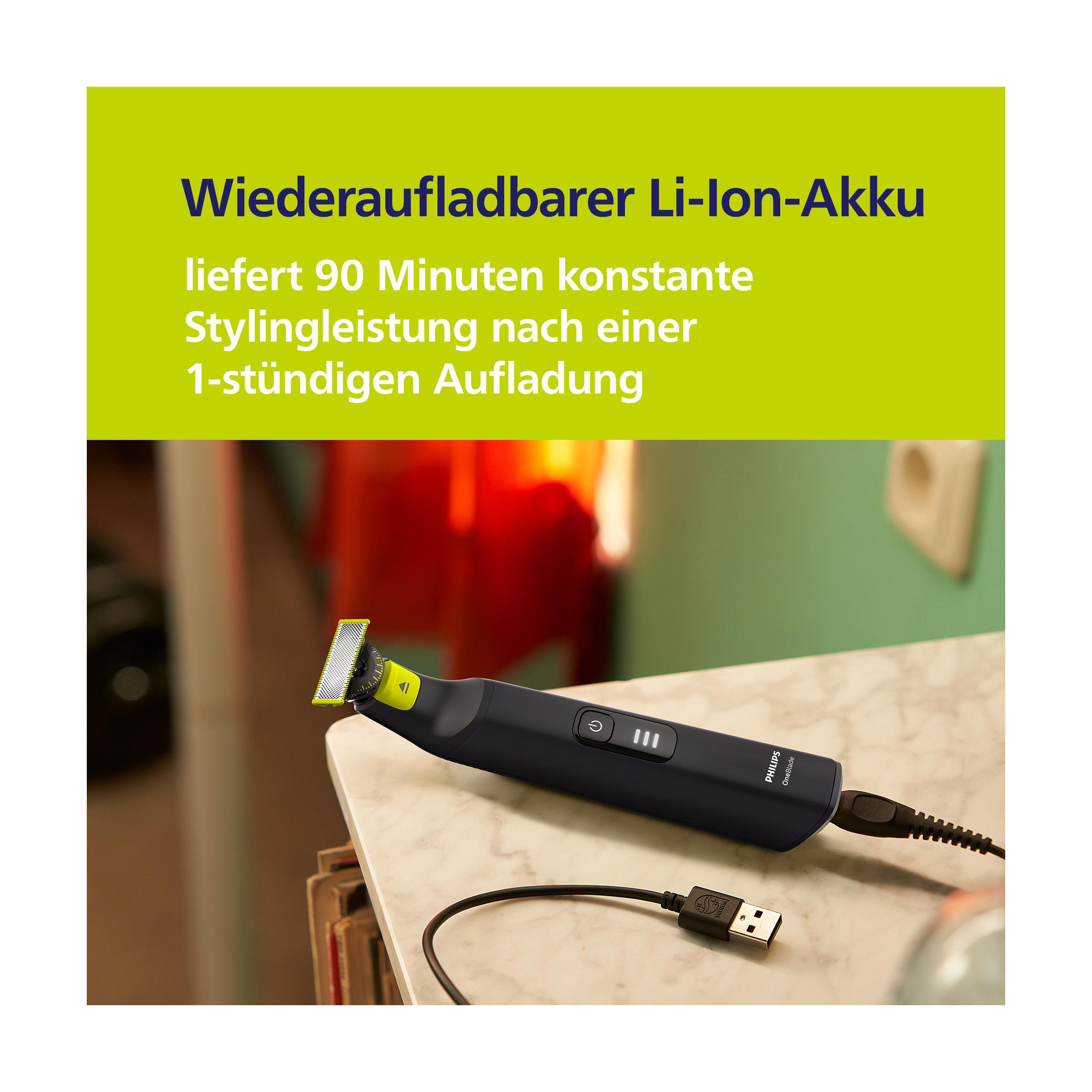 Philips Bartschneider auf einer Theke, mit Text zur Akkulaufzeit.
