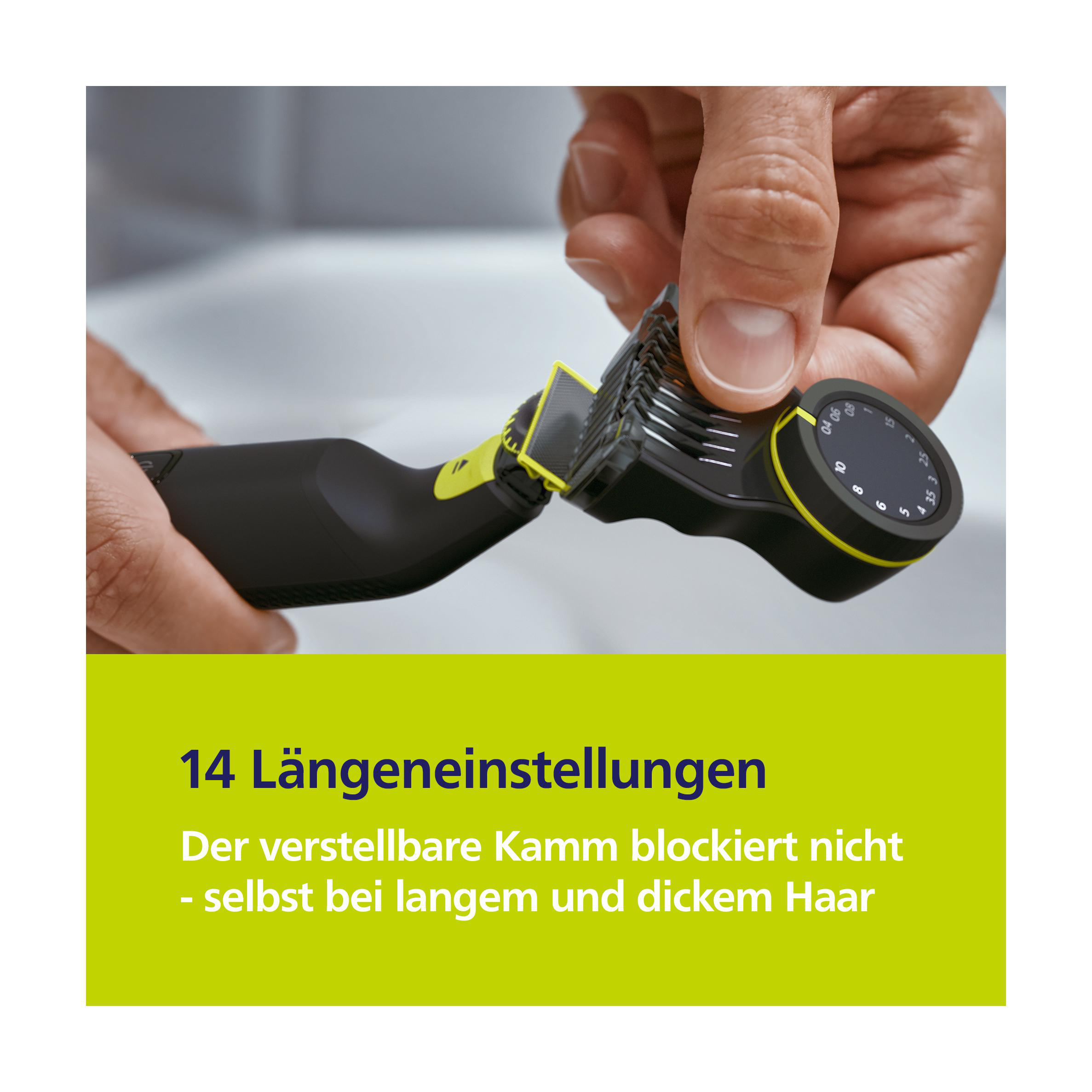 Person hält einen schwarzen Trimmer mit gelber Klinge. Text: 14 Längeneinstellungen.