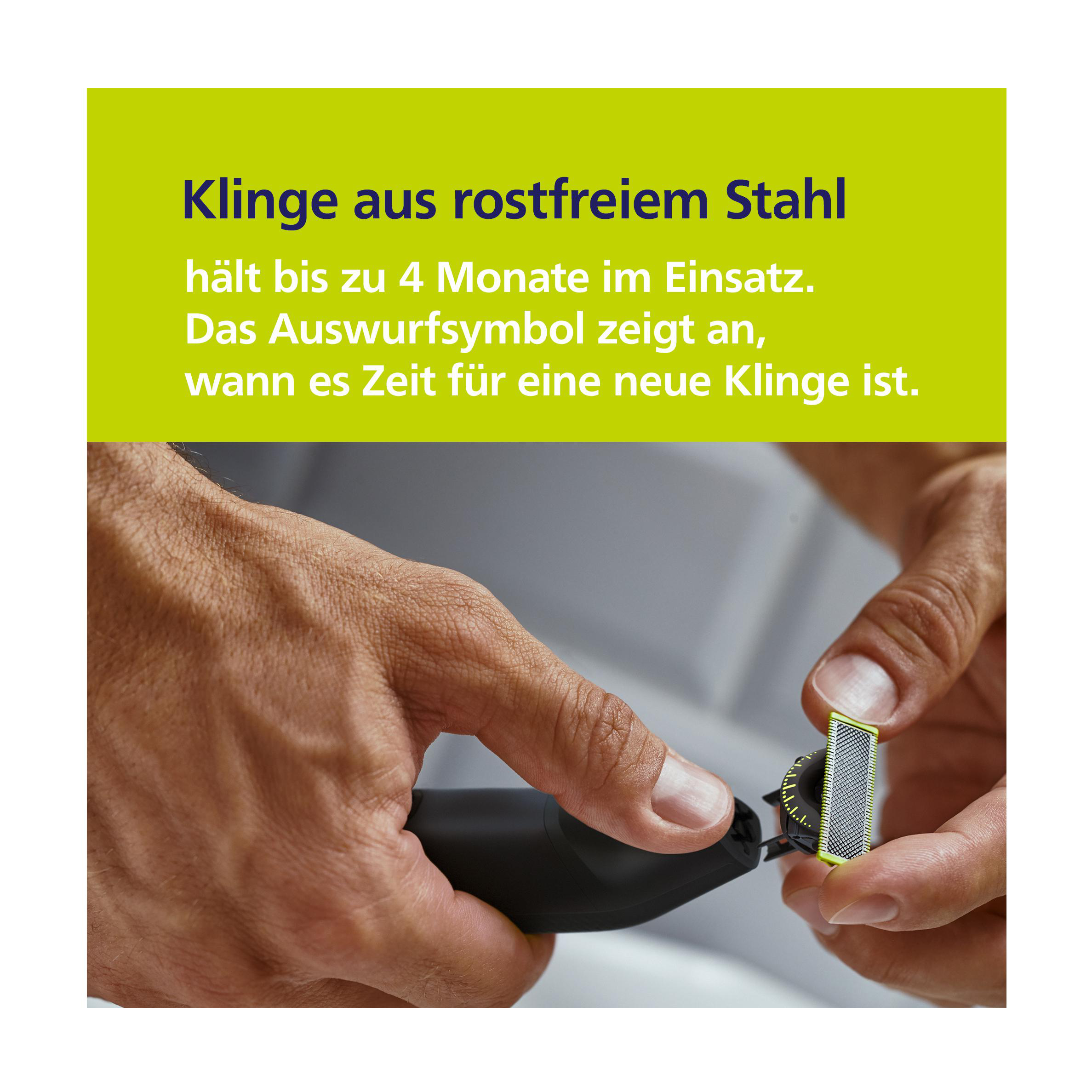 Hände einer Person, die einen schwarzen Trimmerkopf mit gelber Klinge halten. Text auf Deutsch.