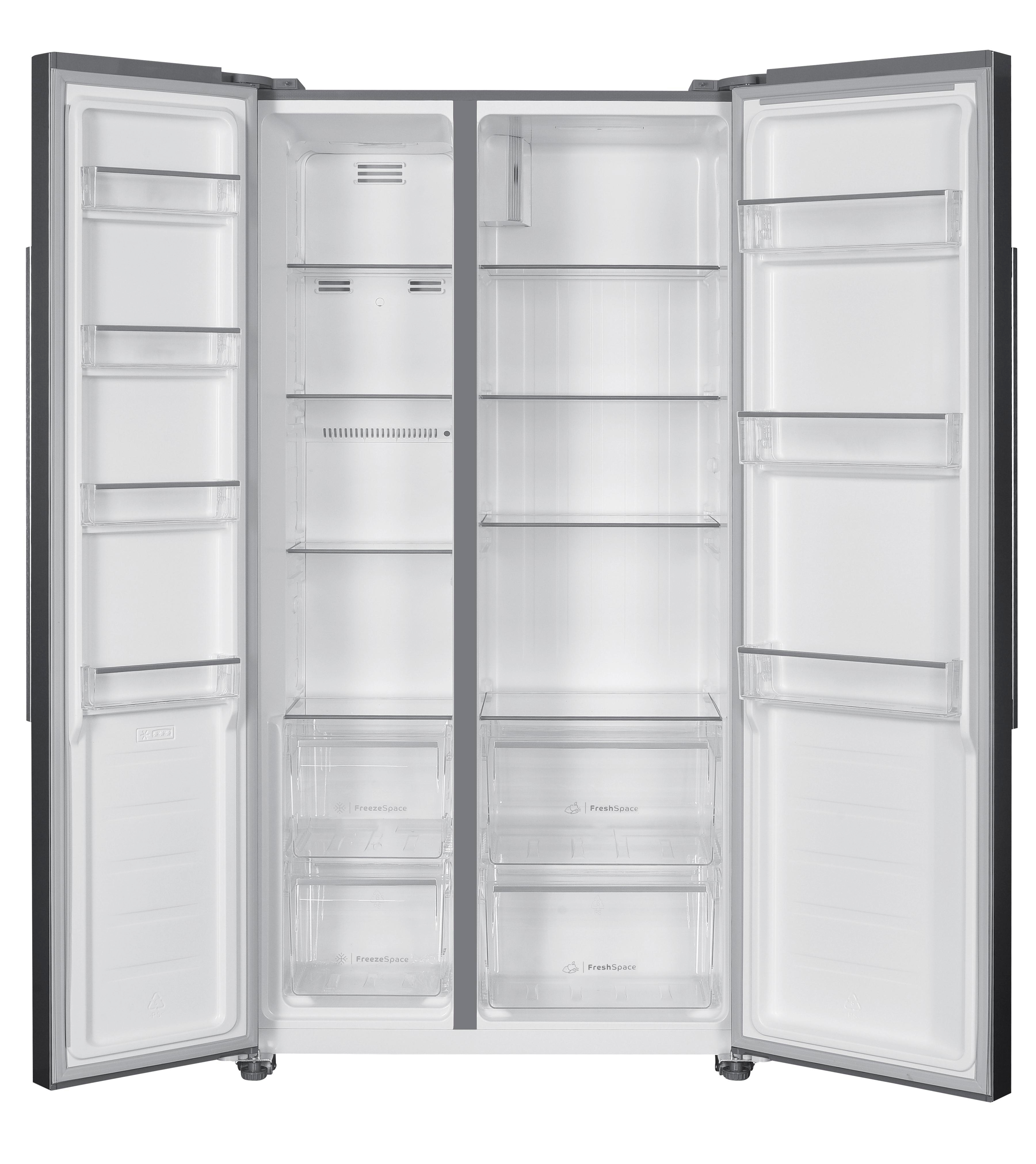 Offener Side-by-Side-Kühlschrank. Innenansicht zeigt Regale, Schubladen und Fächer.