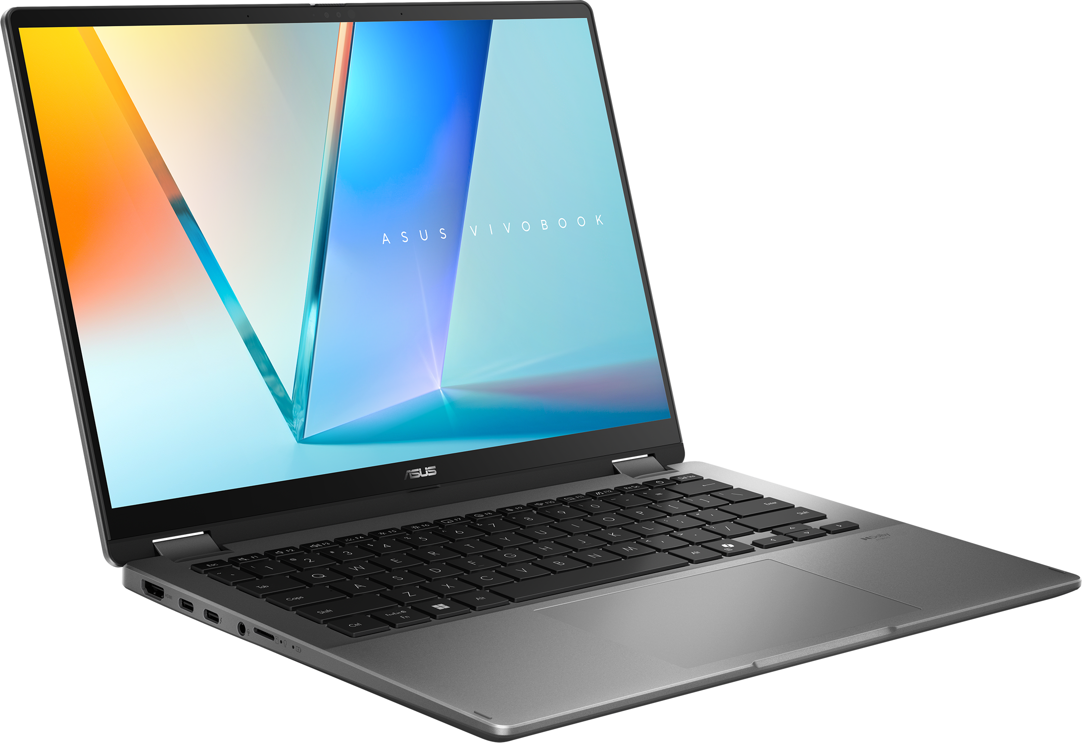 Laptop argentato aperto, mostra lo schermo. Sfondo bianco e blu.