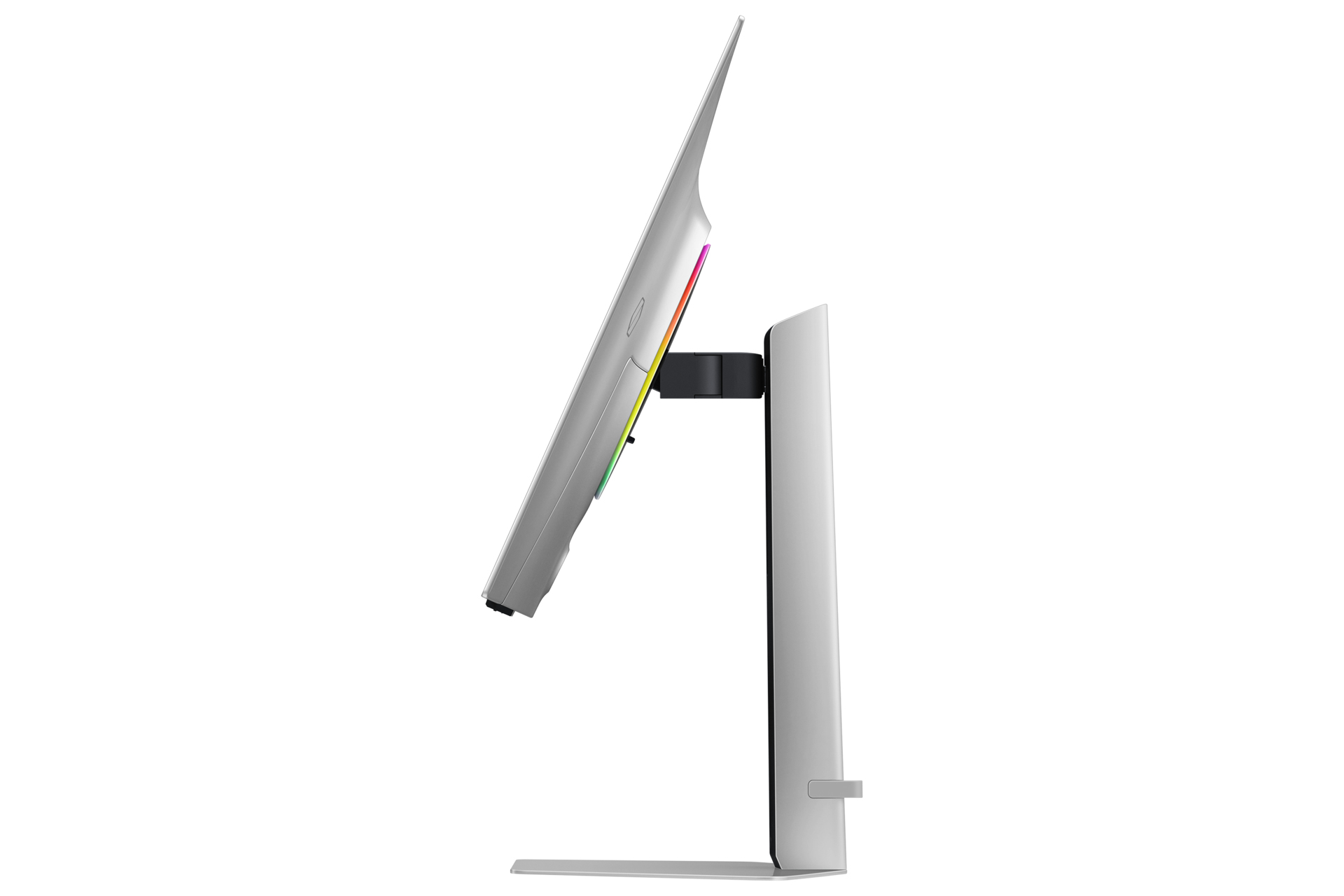 Seitenansicht eines silbernen Computermonitors mit Ständer und farbigen Lichtern auf der Rückseite.