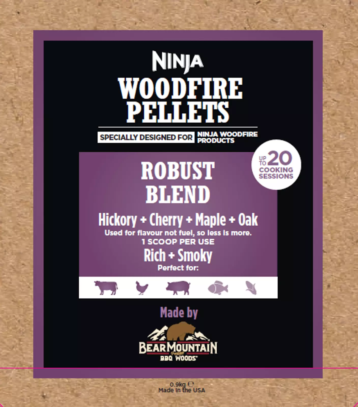 NINJA Woodfire Pellet robust hikoridió, cseresznye, juhar és tölgy, 900g (20 sütéshez)