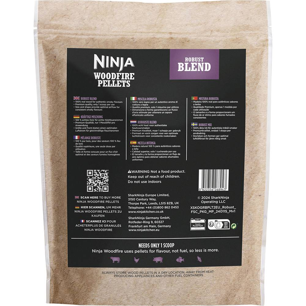 Egy csomag Ninja Woodfire Pellet, a termék információival és különböző szövegekkel.
