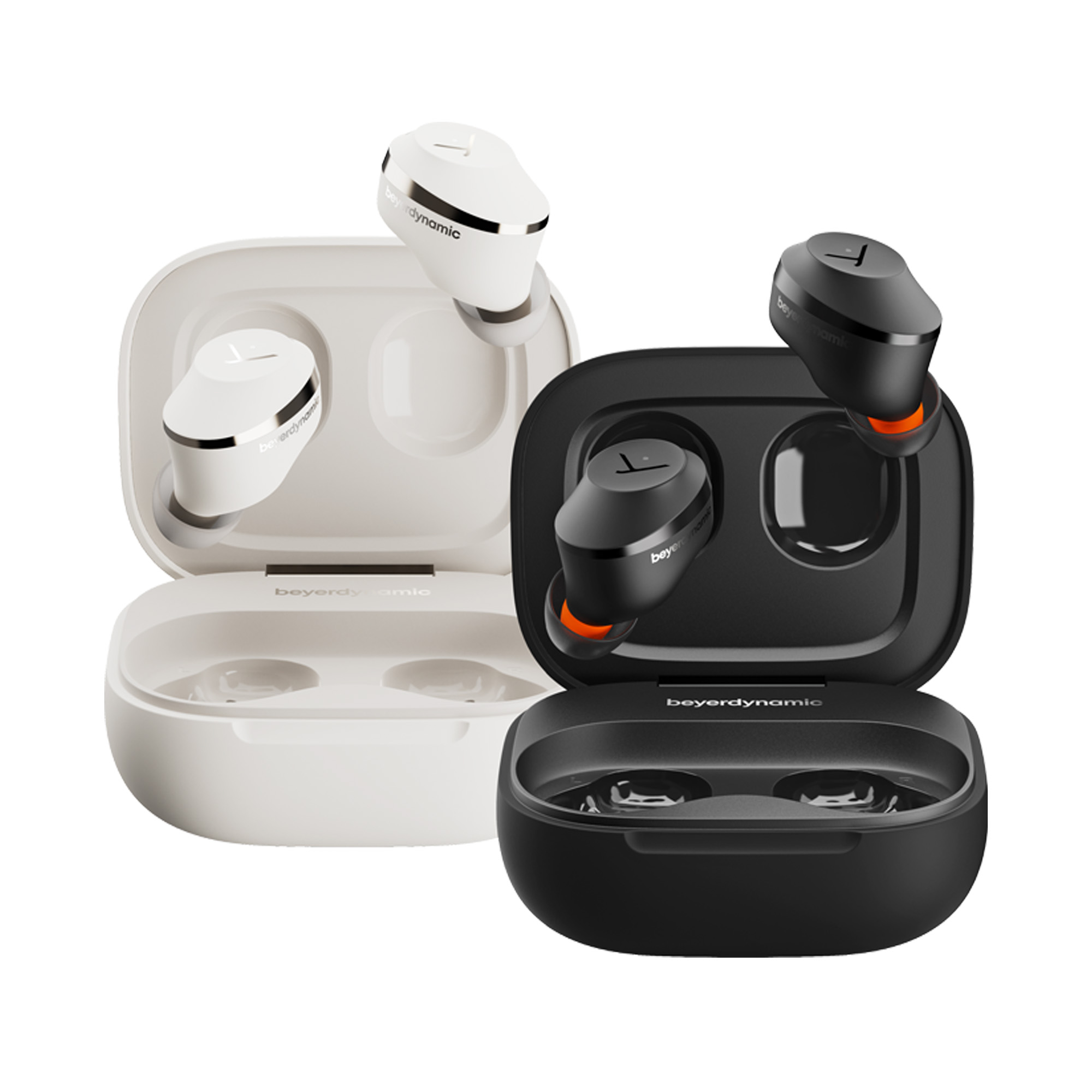 Dwa zestawy białych i czarnych bezprzewodowych słuchawek.