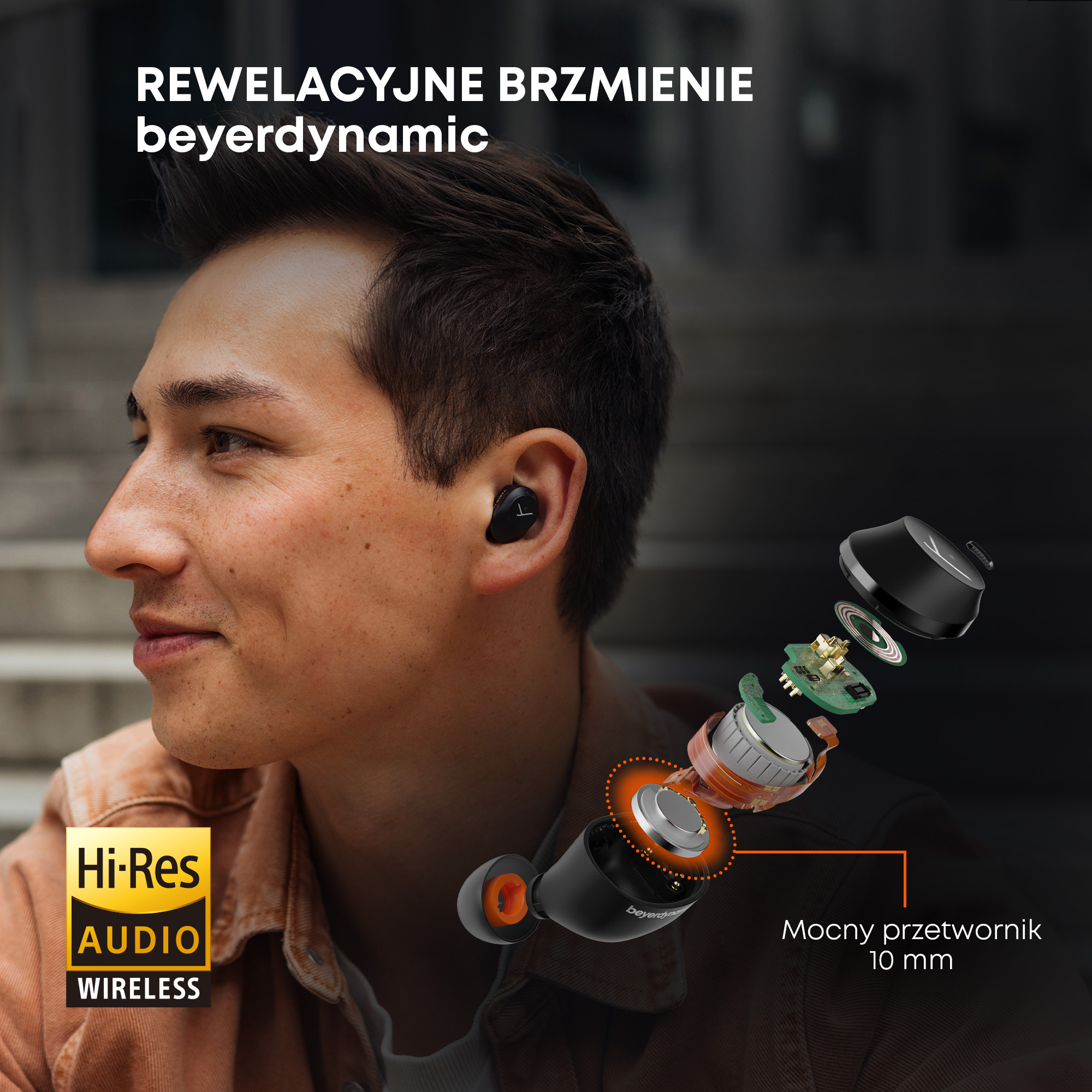 Mężczyzna w słuchawkach, pokazujący widok wnętrza w rozstrzale.